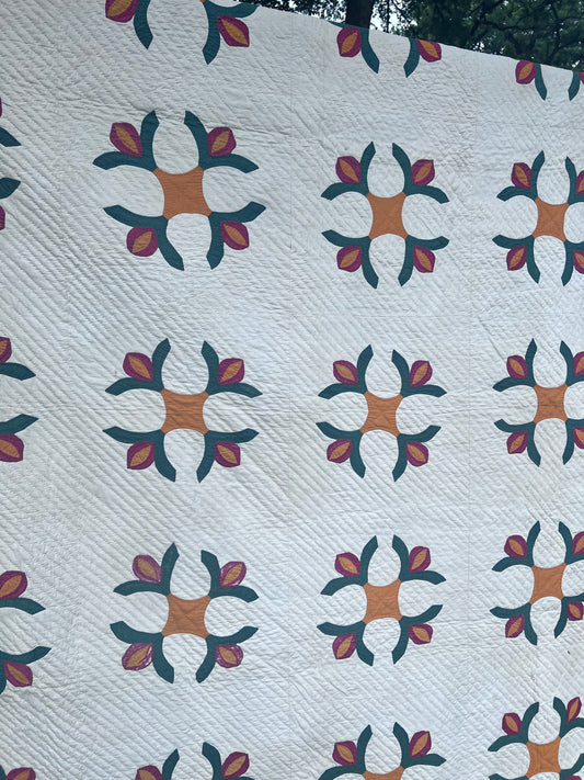 Elegant, minimalist design is a variation of the California Rose or Fuchsia Vintage Quilt Cirica late 1800s