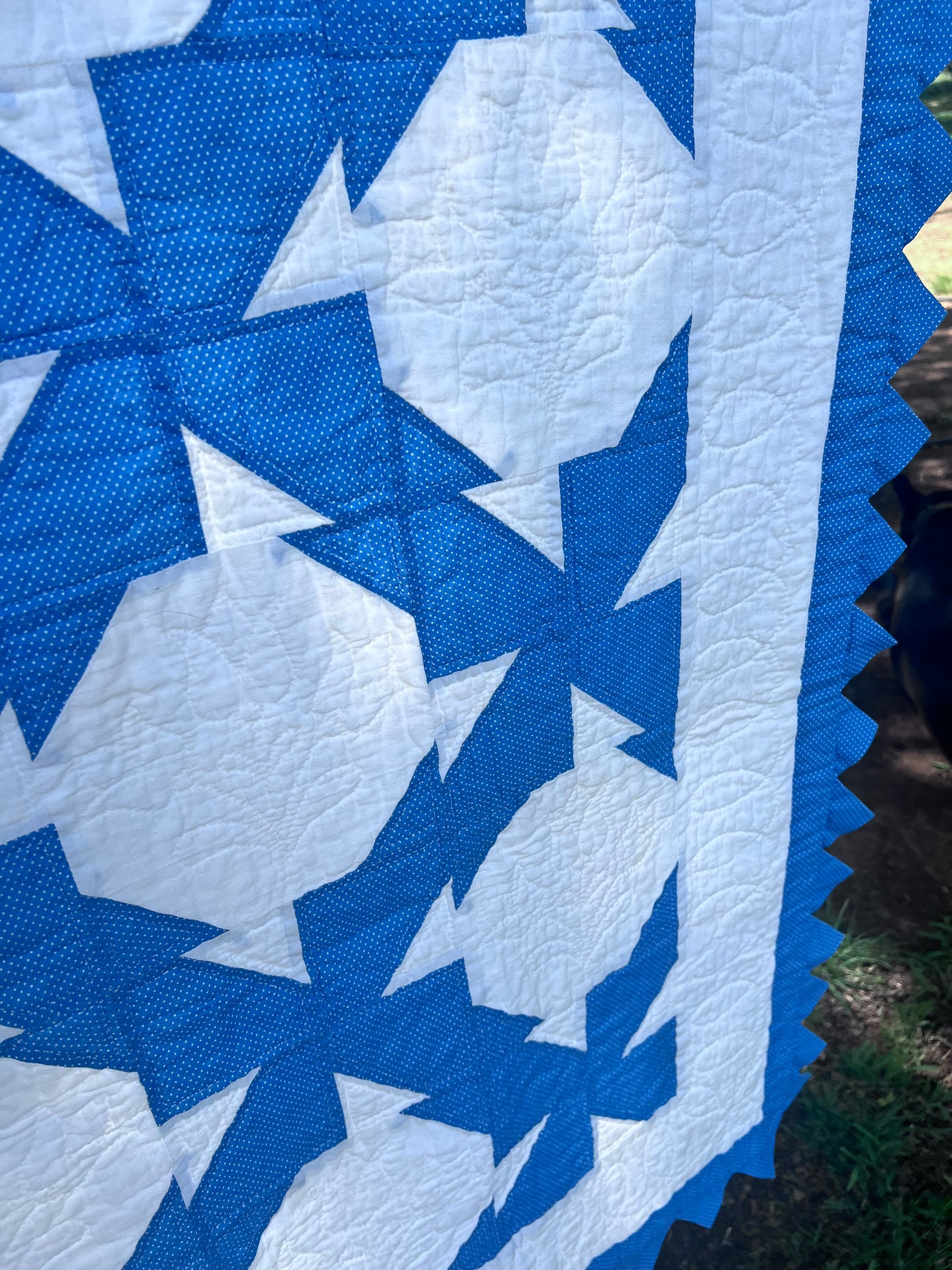 Blue & White twin size drunkards path with a sawtooth border has excellent hand quilting