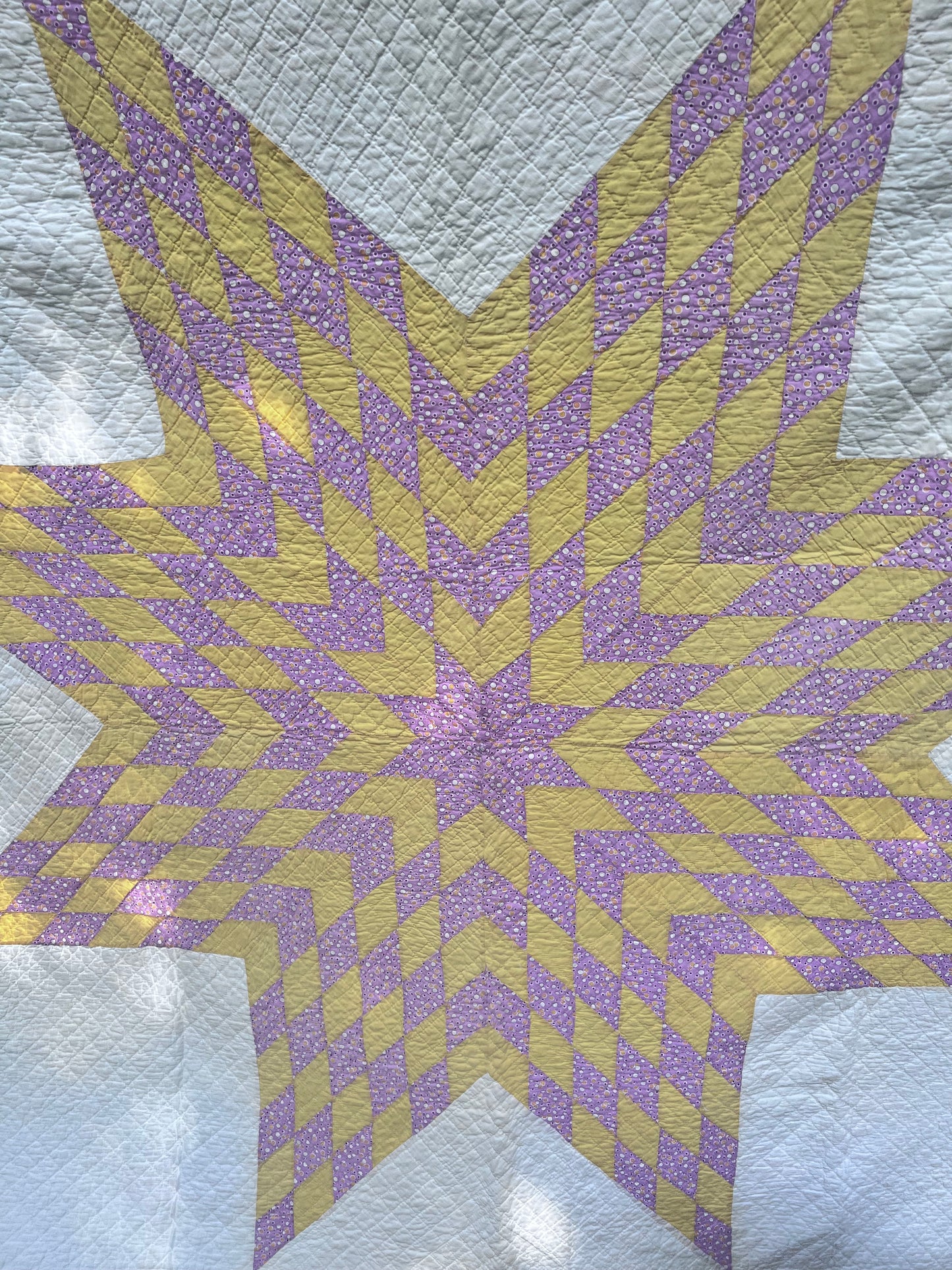 Glorious lone star, a beautiful butter yellow and lavender purple combination antique quilt