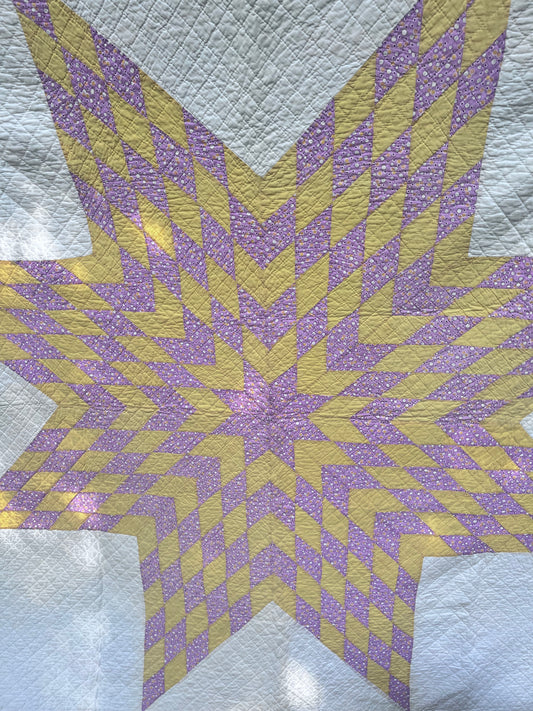 Glorious lone star, a beautiful butter yellow and lavender purple combination antique quilt