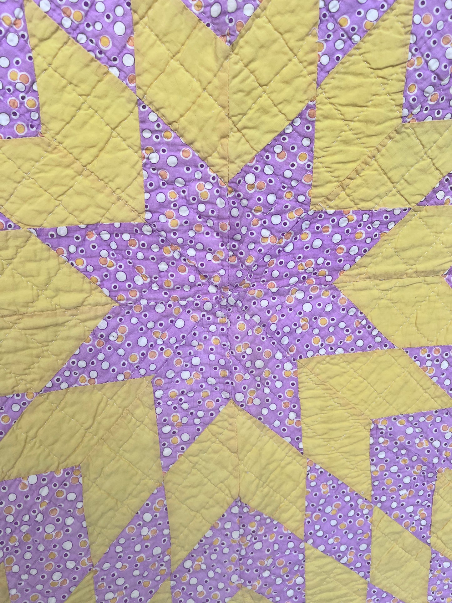 Glorious lone star, a beautiful butter yellow and lavender purple combination antique quilt