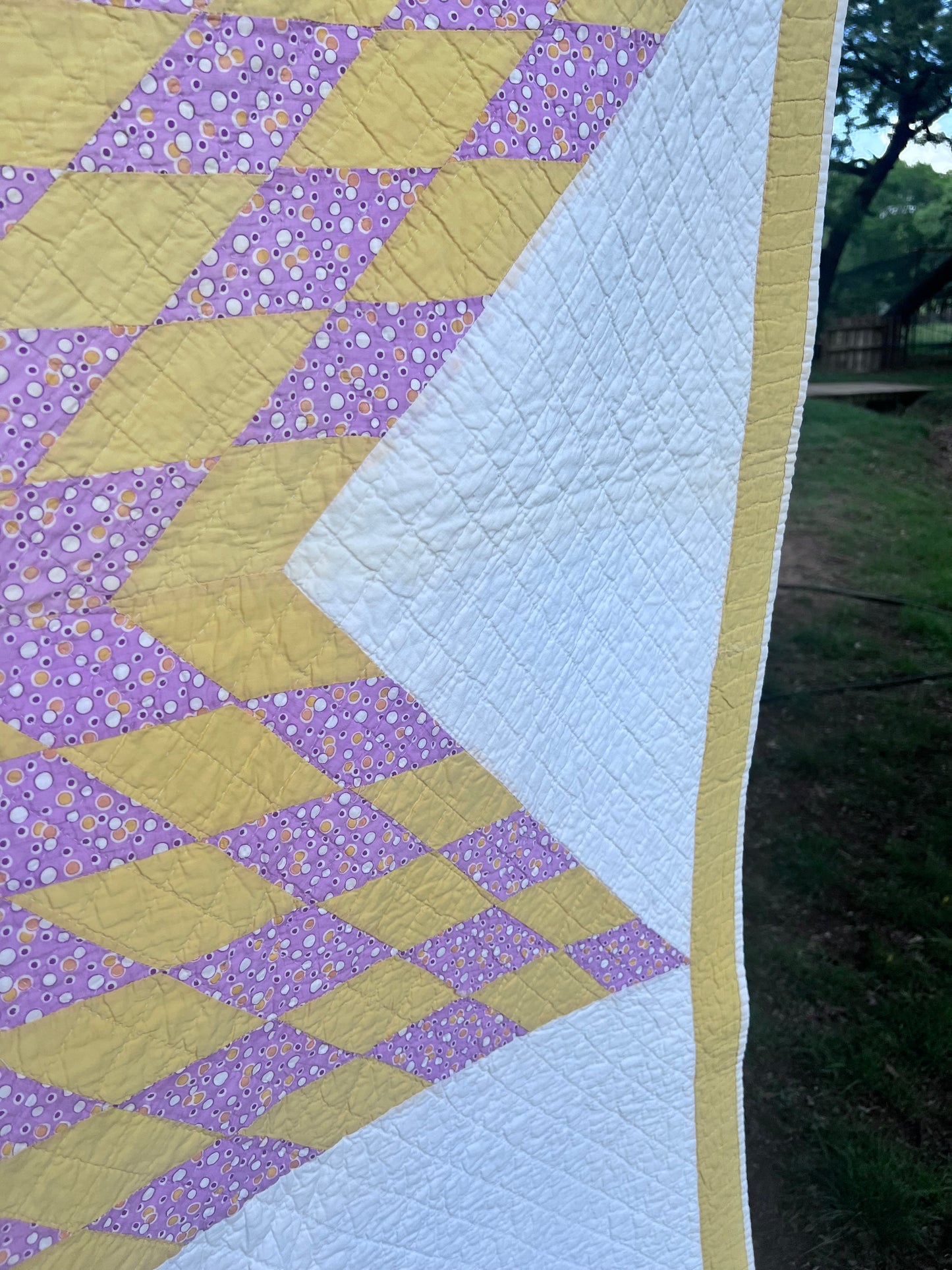 Glorious lone star, a beautiful butter yellow and lavender purple combination antique quilt