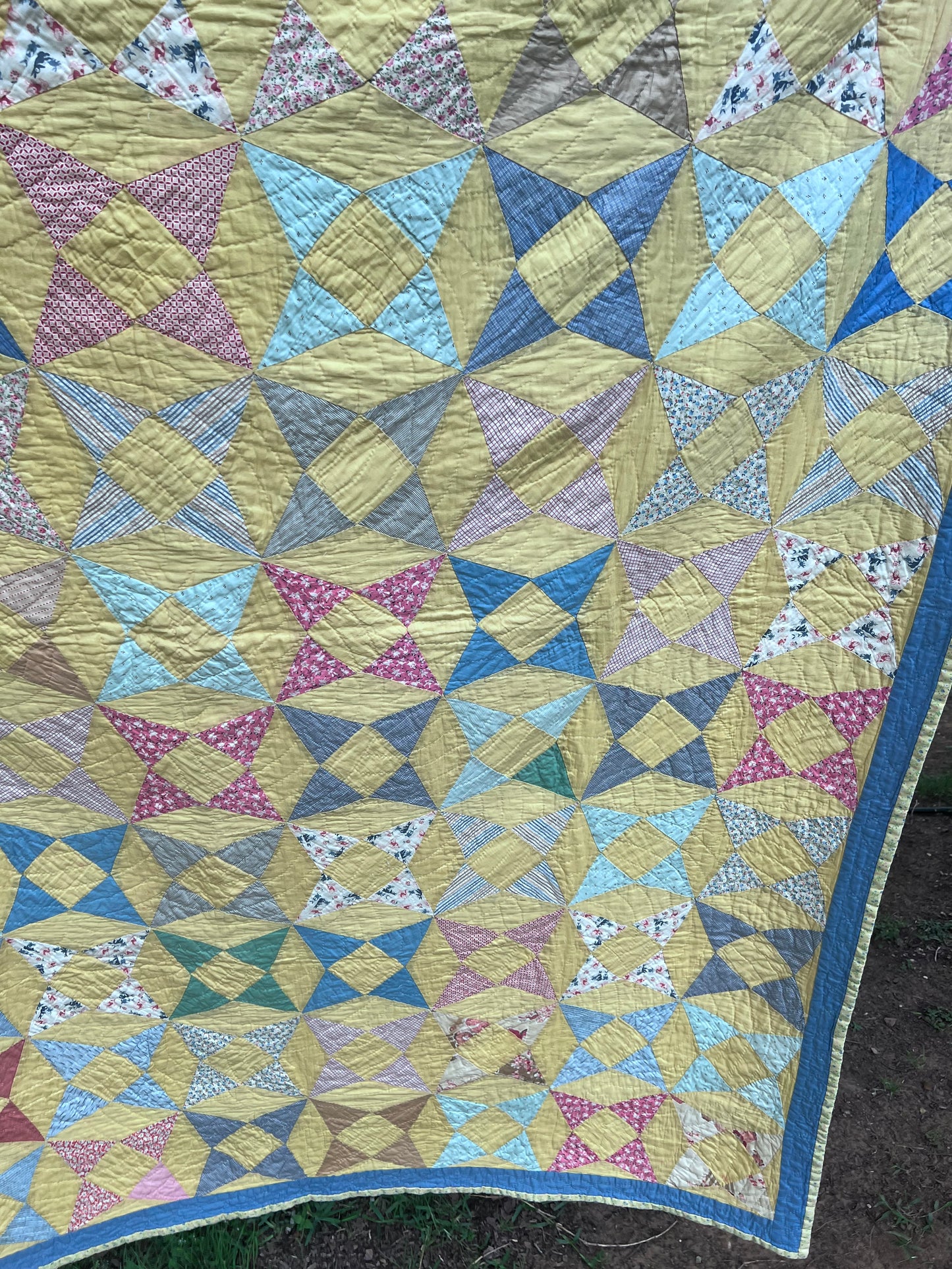 A variation of a Kaleidoscope or Star Puzzle Antique quilt in the most glorious pastels.