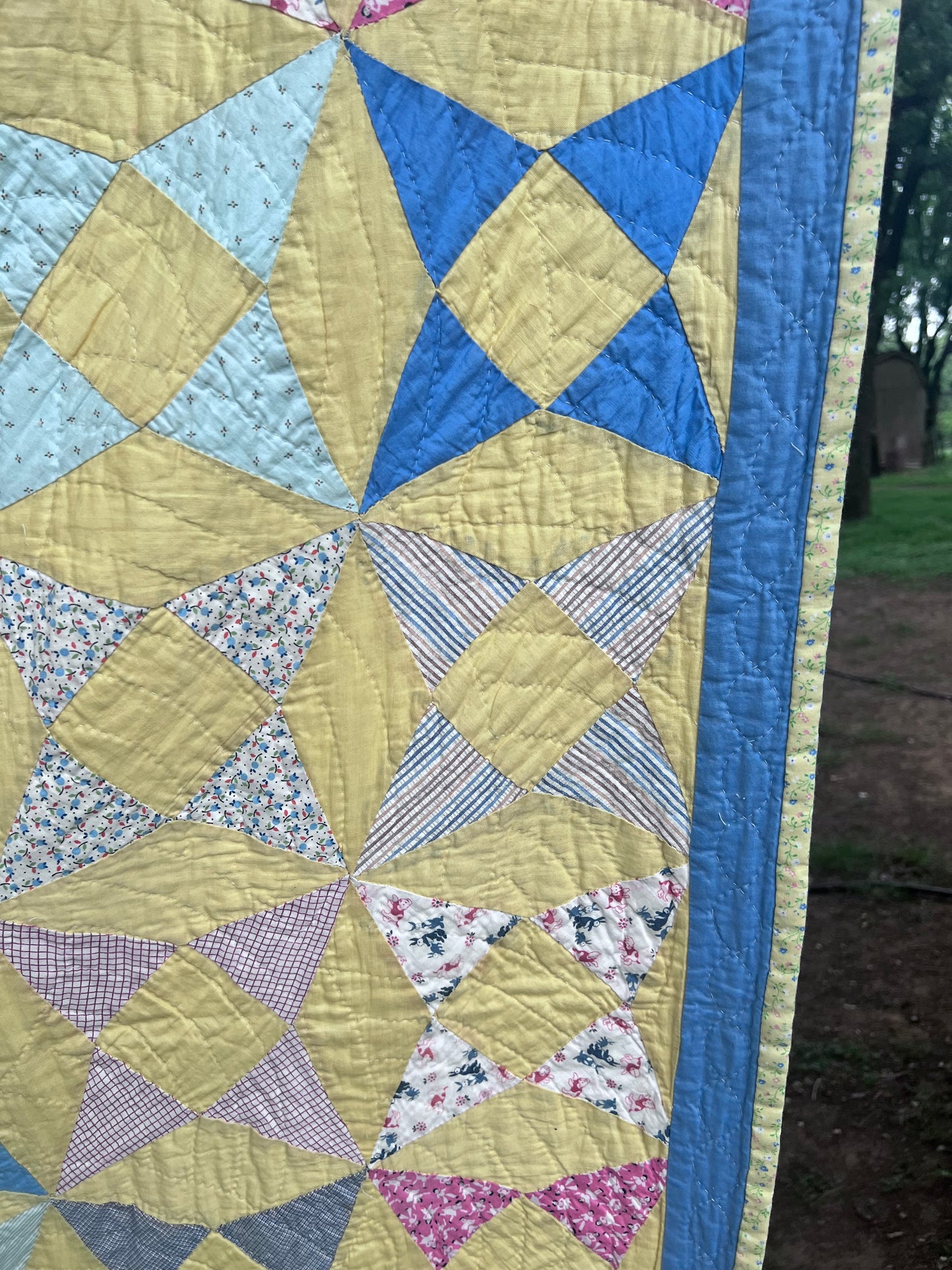 A variation of a Kaleidoscope or Star Puzzle Antique quilt in the most glorious pastels.