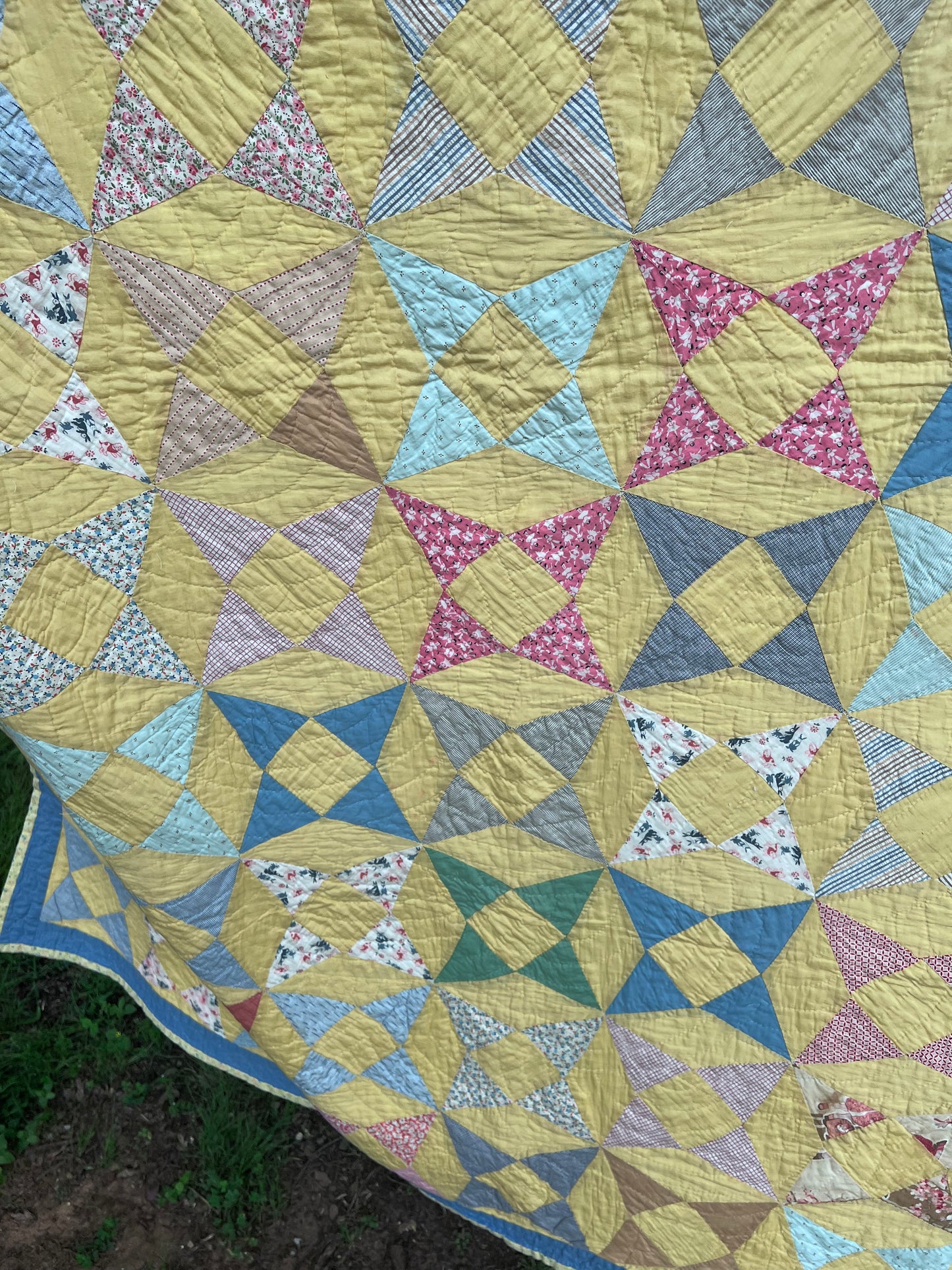 A variation of a Kaleidoscope or Star Puzzle Antique quilt in the most glorious pastels.