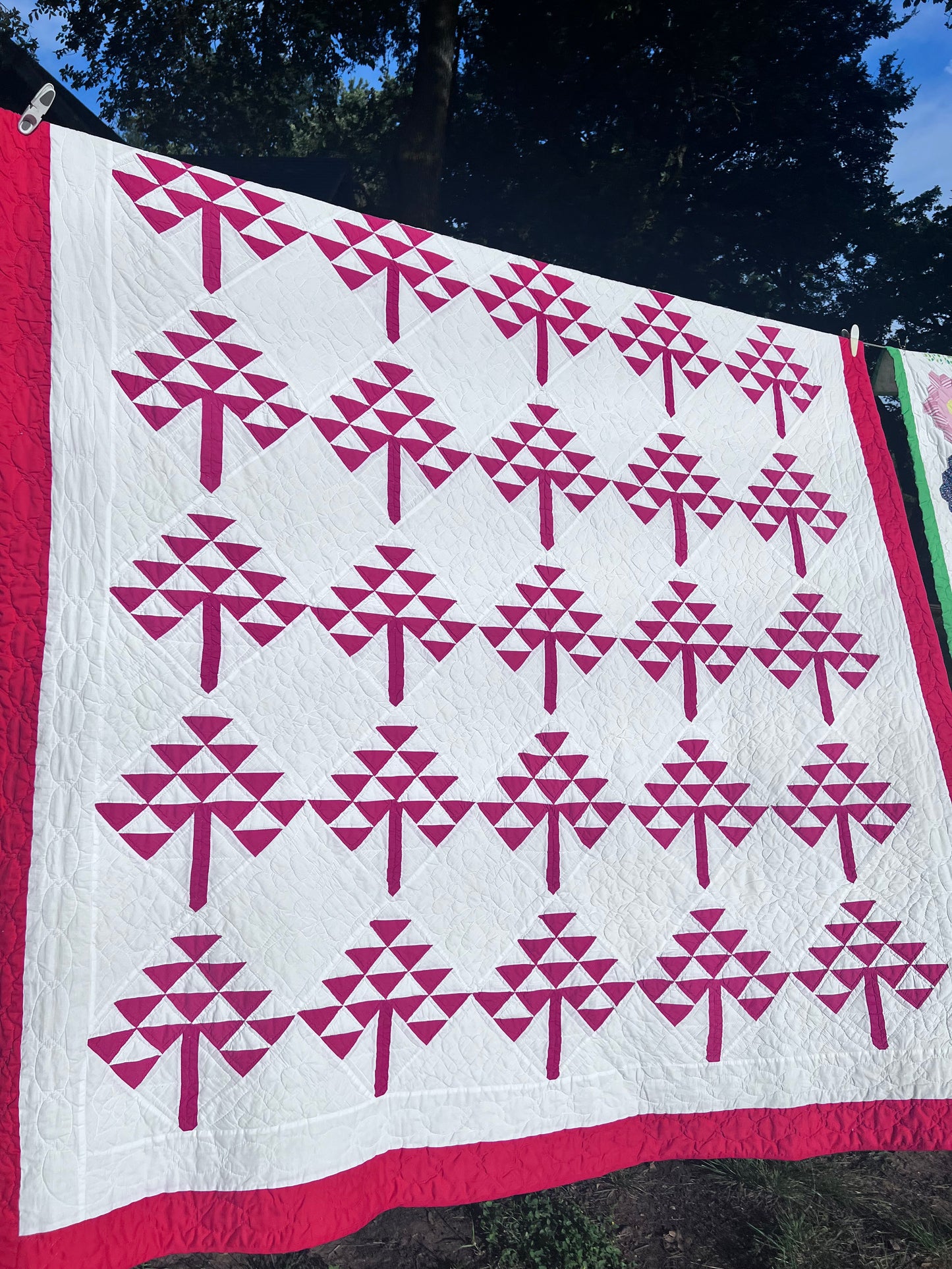 Stunning Pine Tree, Tree of Life Classic Red & White Vintage Quilt with Heart Hand Quilting
