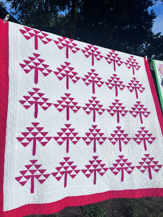 Stunning Pine Tree, Tree of Life Classic Red & White Vintage Quilt with Heart Hand Quilting