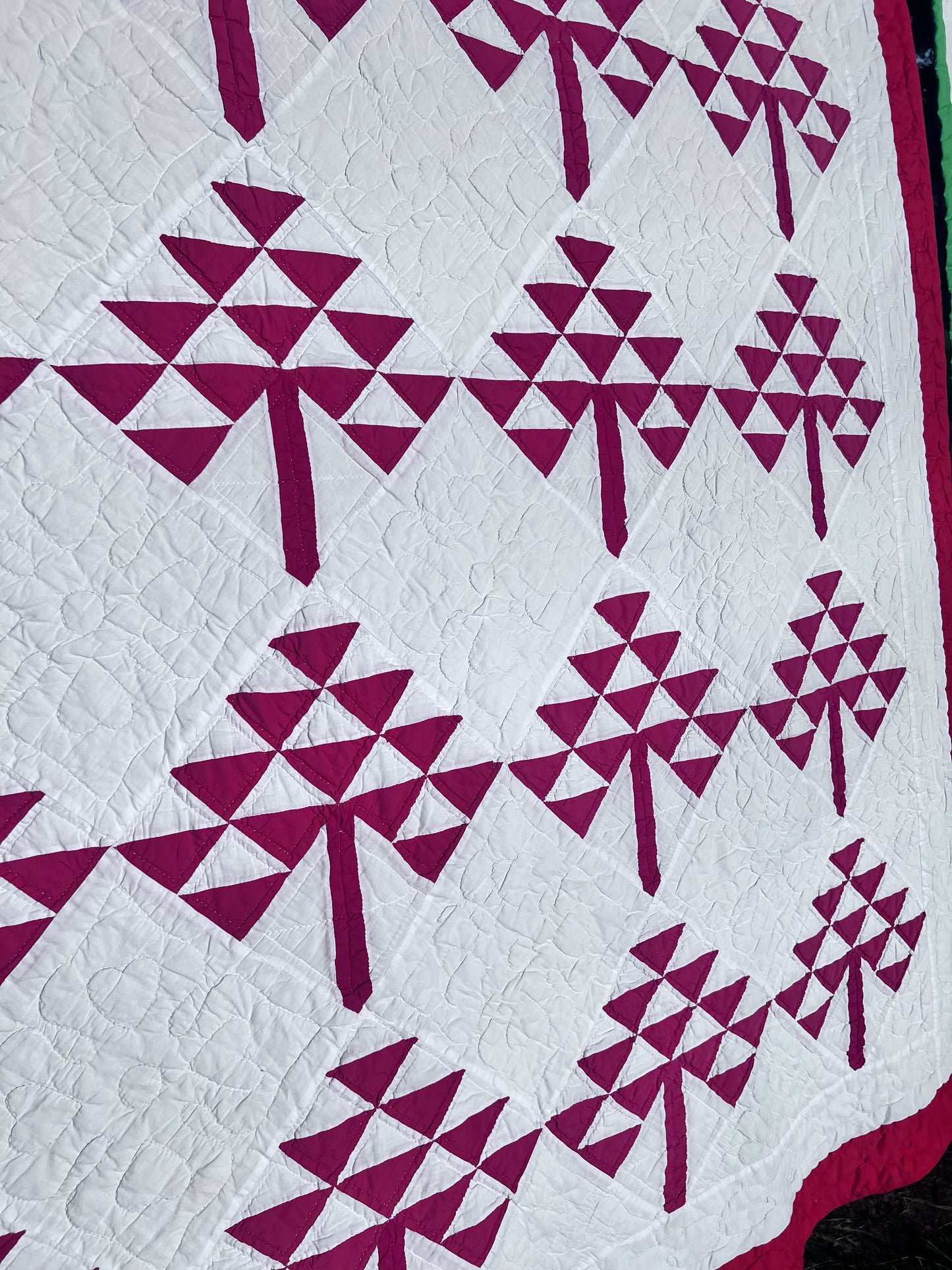 Stunning Pine Tree, Tree of Life Classic Red & White Vintage Quilt with Heart Hand Quilting