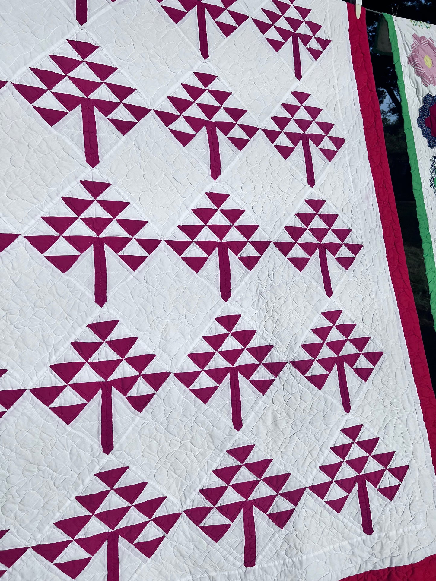 Stunning Pine Tree, Tree of Life Classic Red & White Vintage Quilt with Heart Hand Quilting