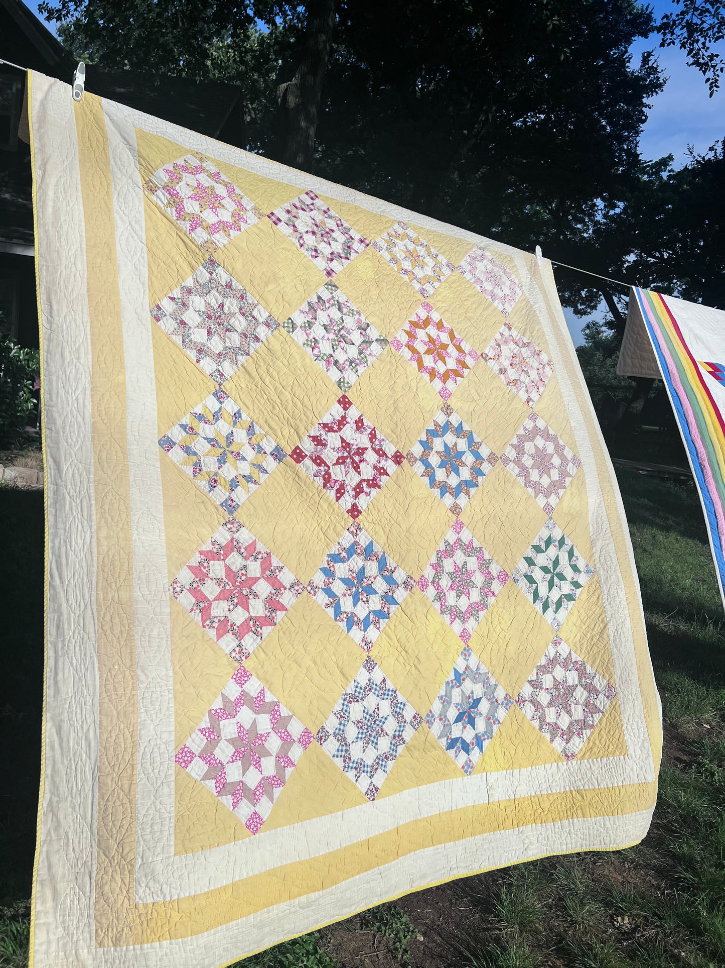 Pristine Compass Star Antique Quilt from Idaho with Butter Yellow and Intricate Hand Quilting