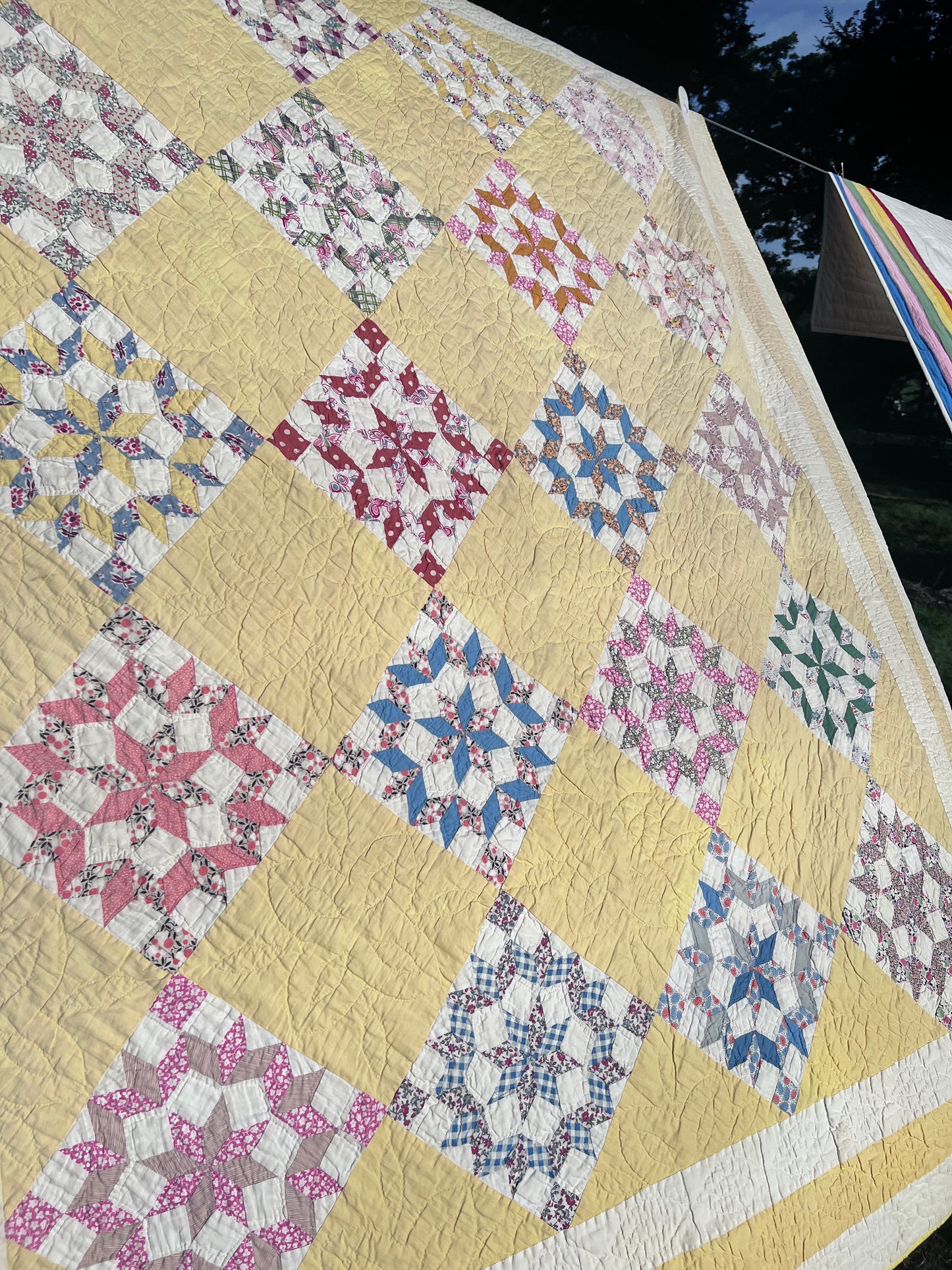 Pristine Compass Star Antique Quilt from Idaho with Butter Yellow and Intricate Hand Quilting