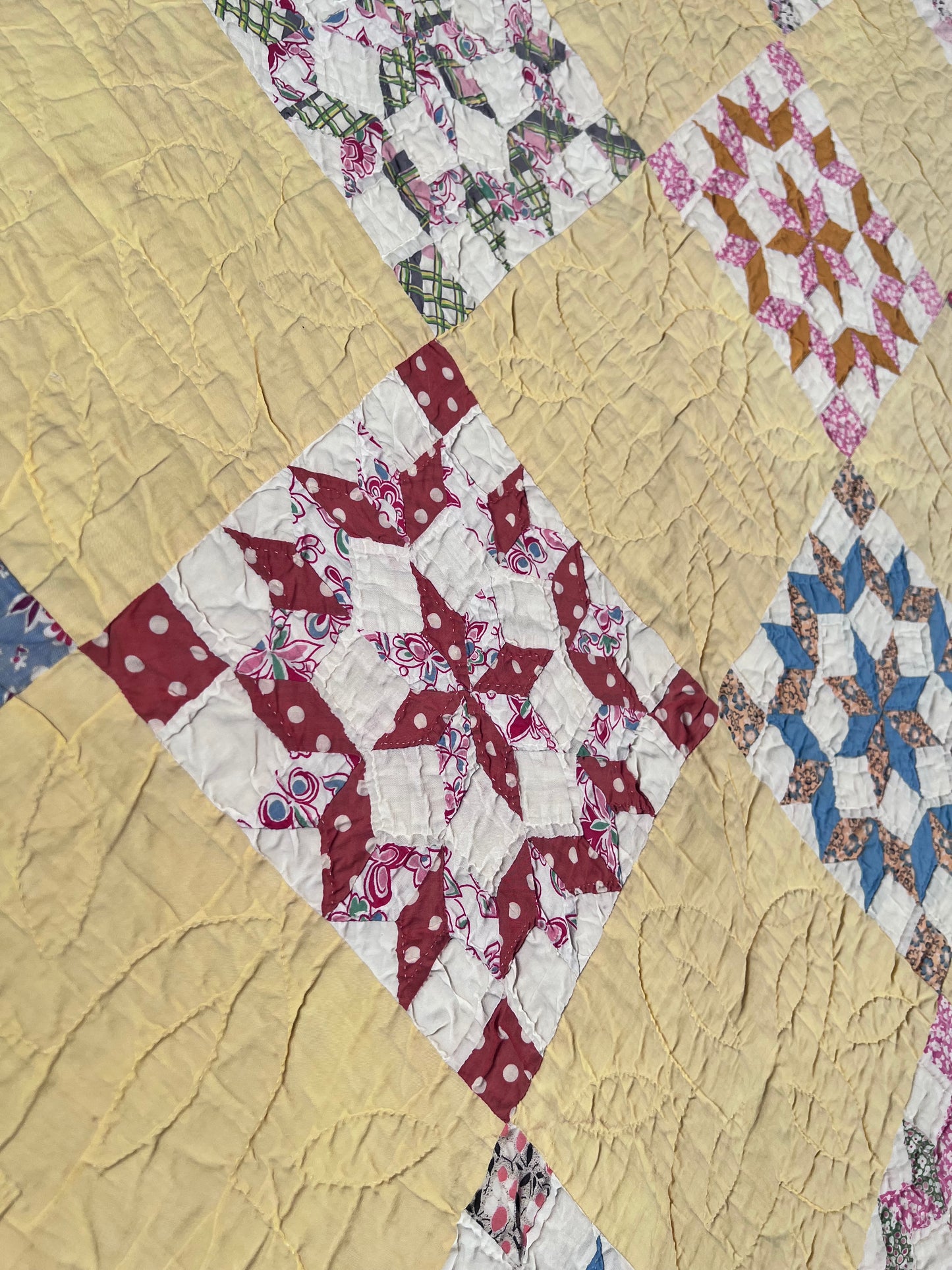 Pristine Compass Star Antique Quilt from Idaho with Butter Yellow and Intricate Hand Quilting
