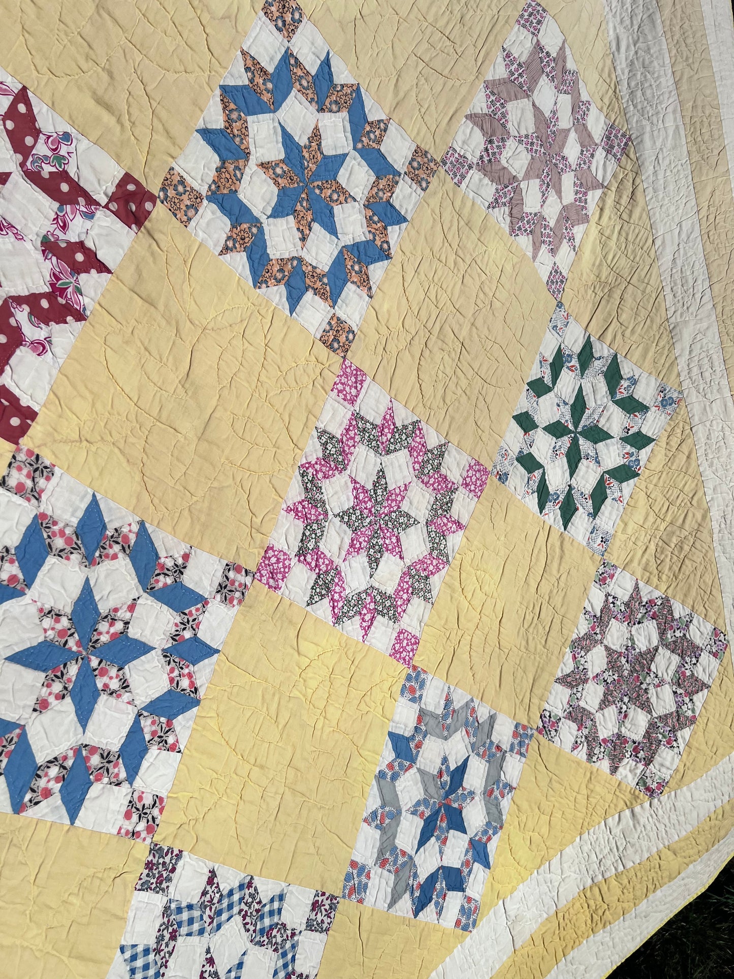 Pristine Compass Star Antique Quilt from Idaho with Butter Yellow and Intricate Hand Quilting