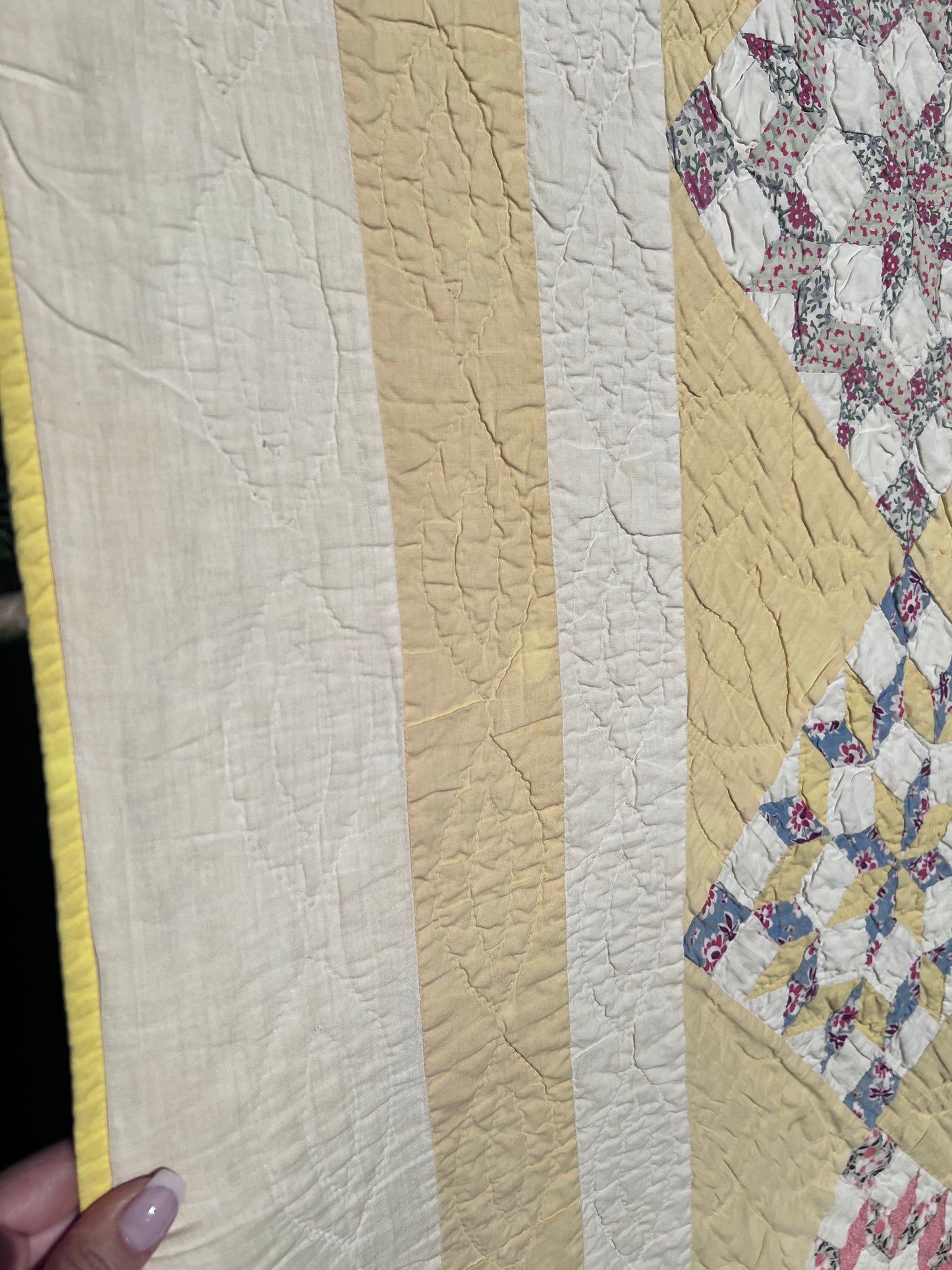 Pristine Compass Star Antique Quilt from Idaho with Butter Yellow and Intricate Hand Quilting