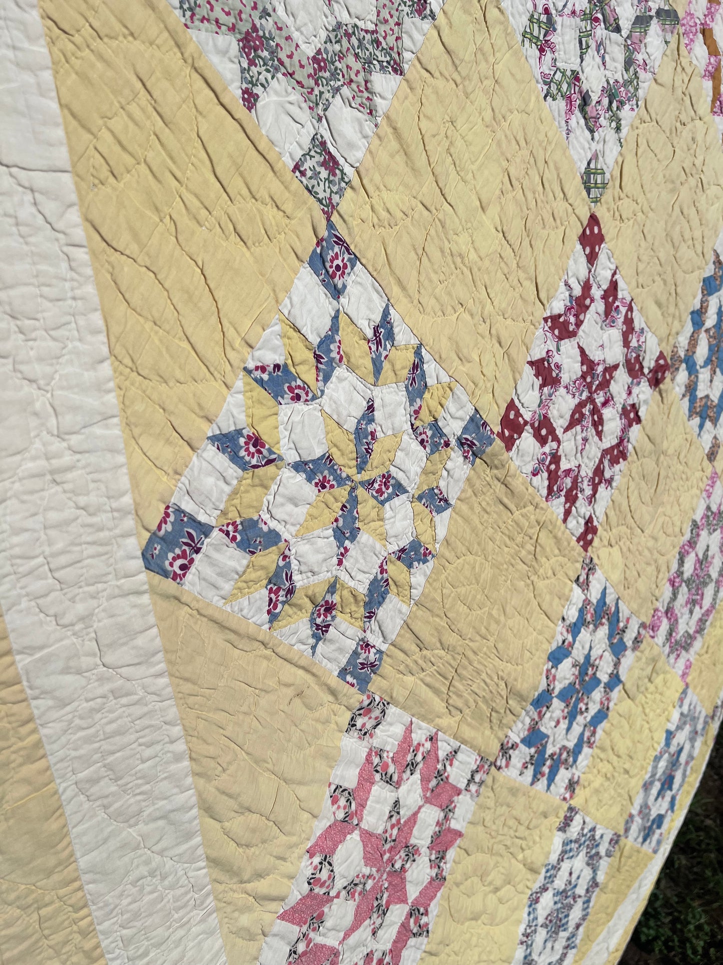 Pristine Compass Star Antique Quilt from Idaho with Butter Yellow and Intricate Hand Quilting