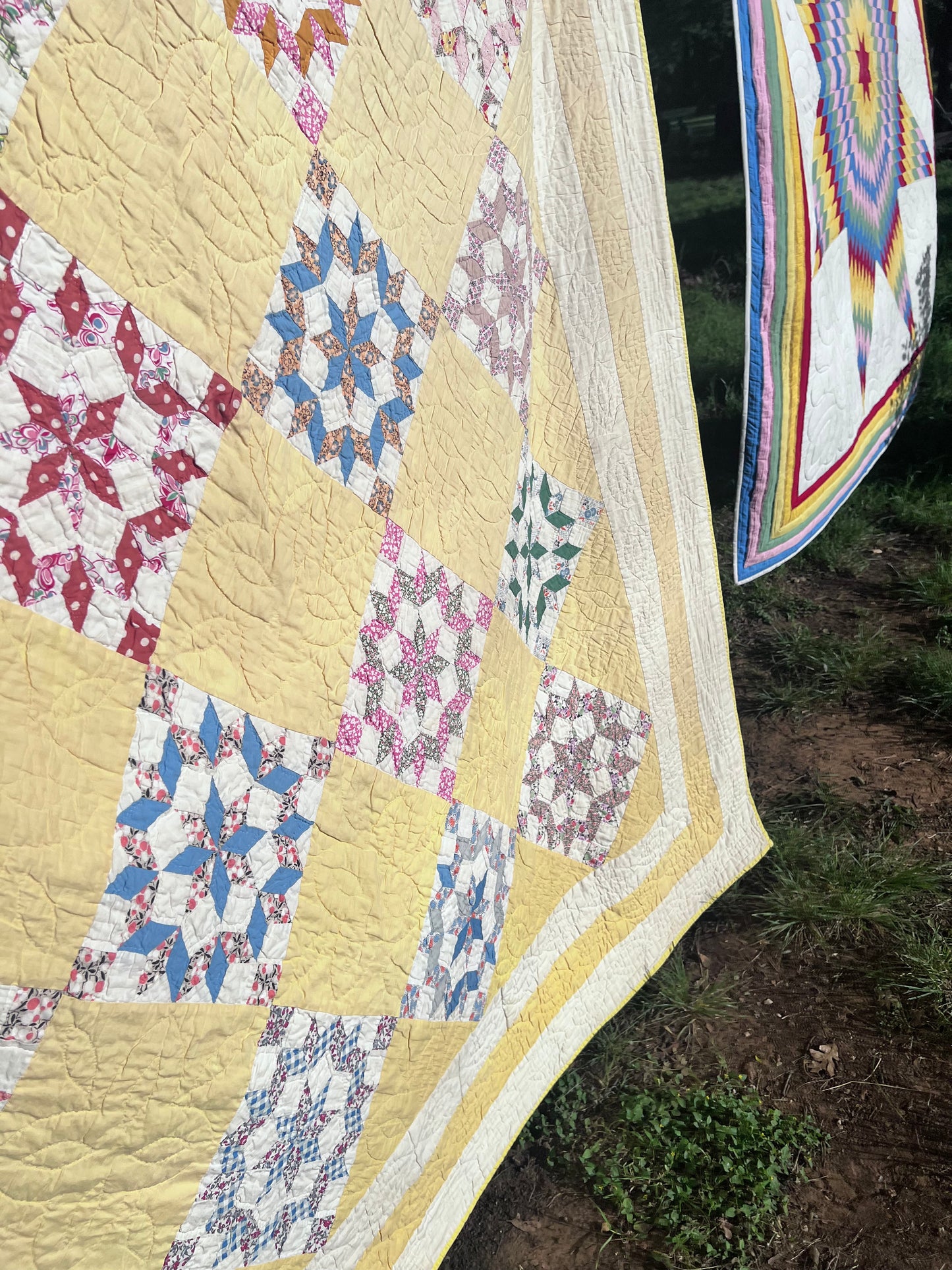 Pristine Compass Star Antique Quilt from Idaho with Butter Yellow and Intricate Hand Quilting