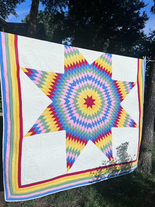 Dynamic Rainbow Colors Vintage Lone Star Quilt with Geometric Precision