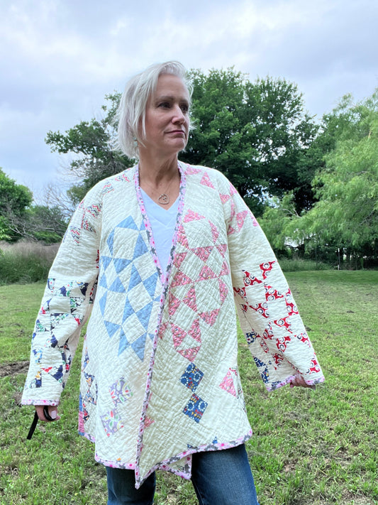 Beautiful Kimono Quilt Jacket in teh Windmill Quilt block, sized up to Medium/Large