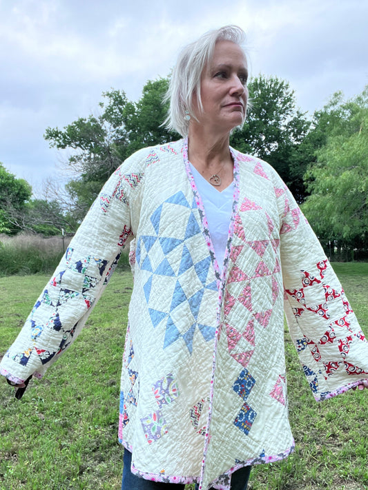 Beautiful Kimono Quilt Jacket in teh Windmill Quilt block, sized up to Medium/Large