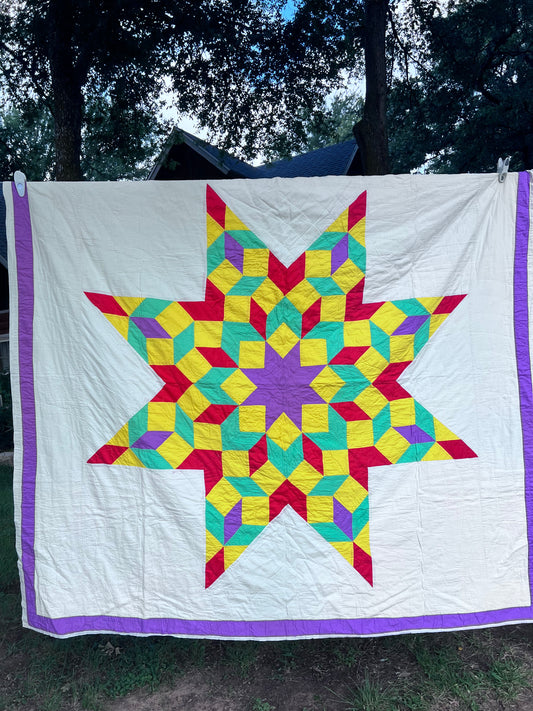 Vintage Tumbling Block Lone Star Summer Thin Quilt - Bold Primary colors