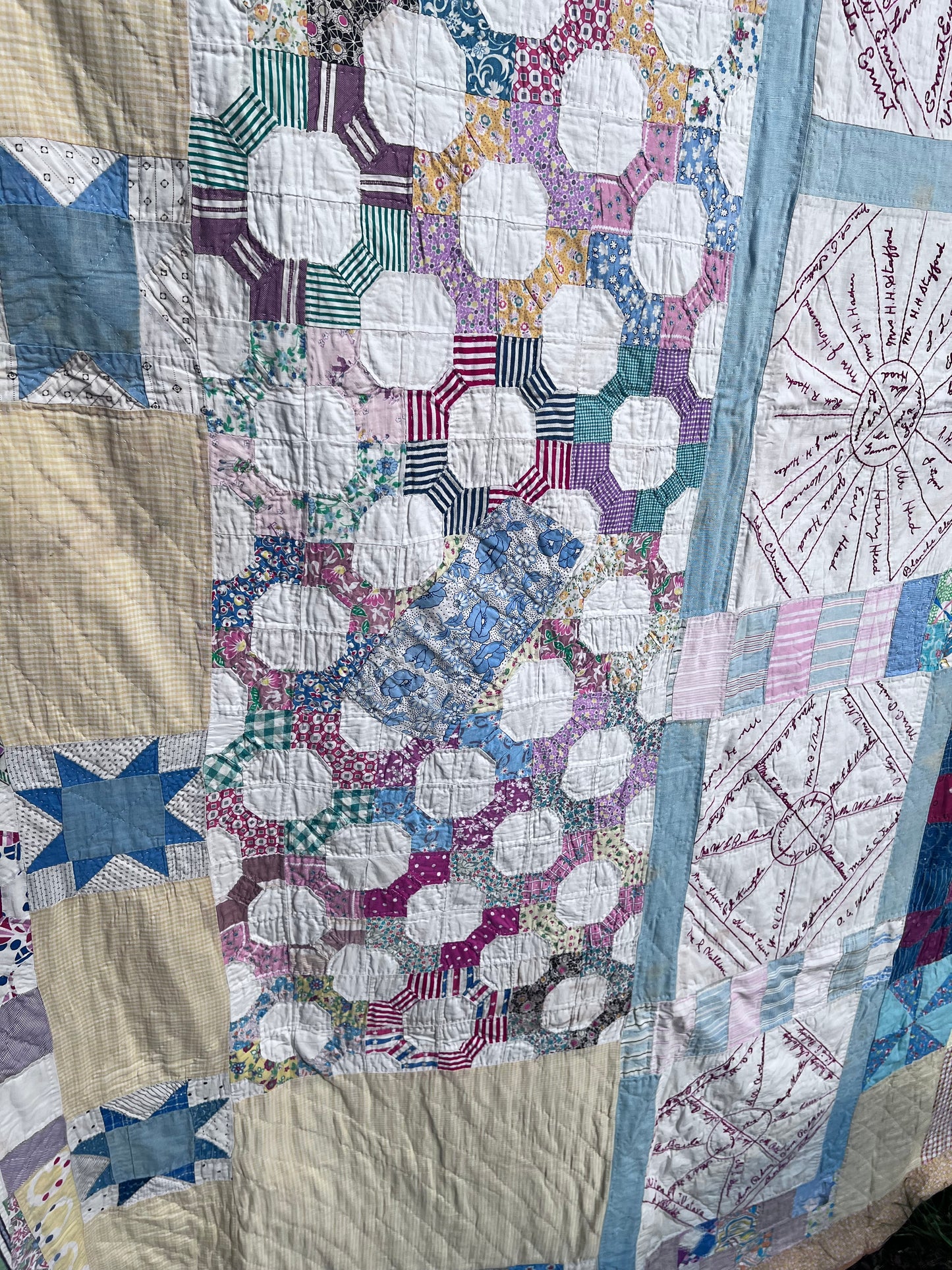 What an incredible piece of community textile history! A fascinating "Sampler" Signature/Friendship Quilt.