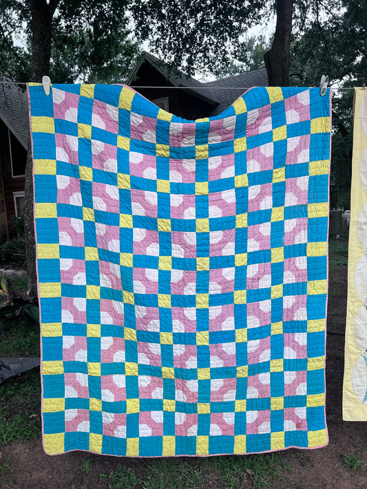 Iconic Vintage Bowtie Quilt in R,W & B while integrating a feedsack backing - Gorgeous!