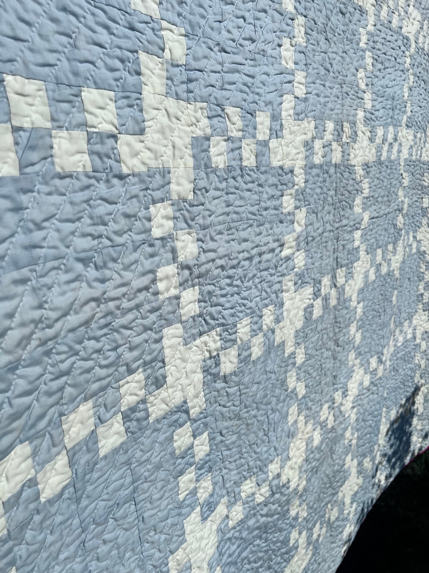 Gorgerous Blue & White Irish Chain Vintage Quilt with Red Border - AMERICANA