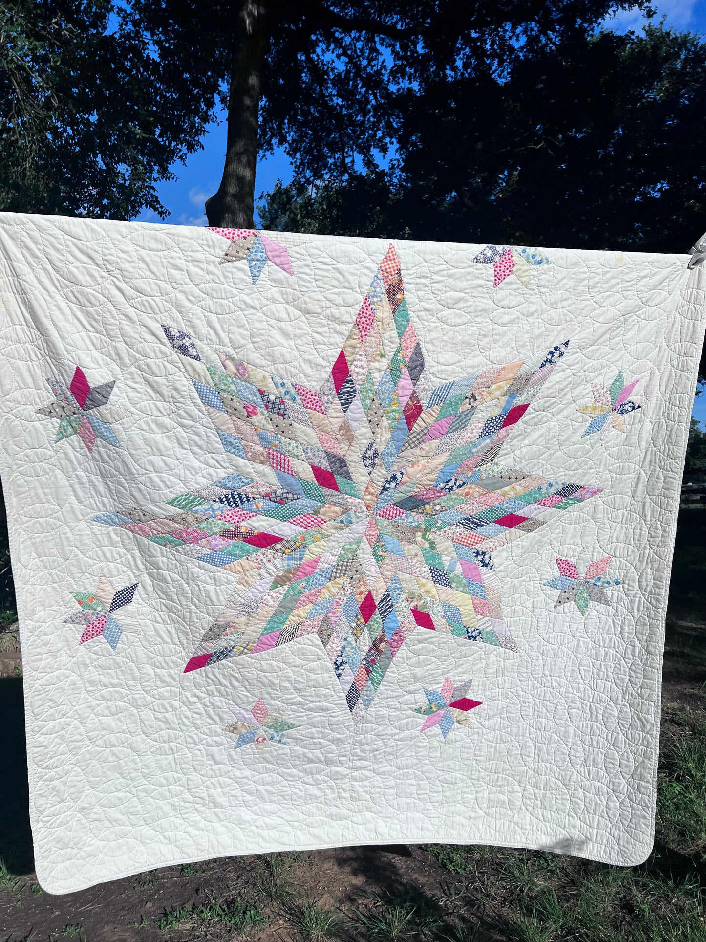 Pristine Excellent Feedsack Scrappy Lone Star Vintage Quilt