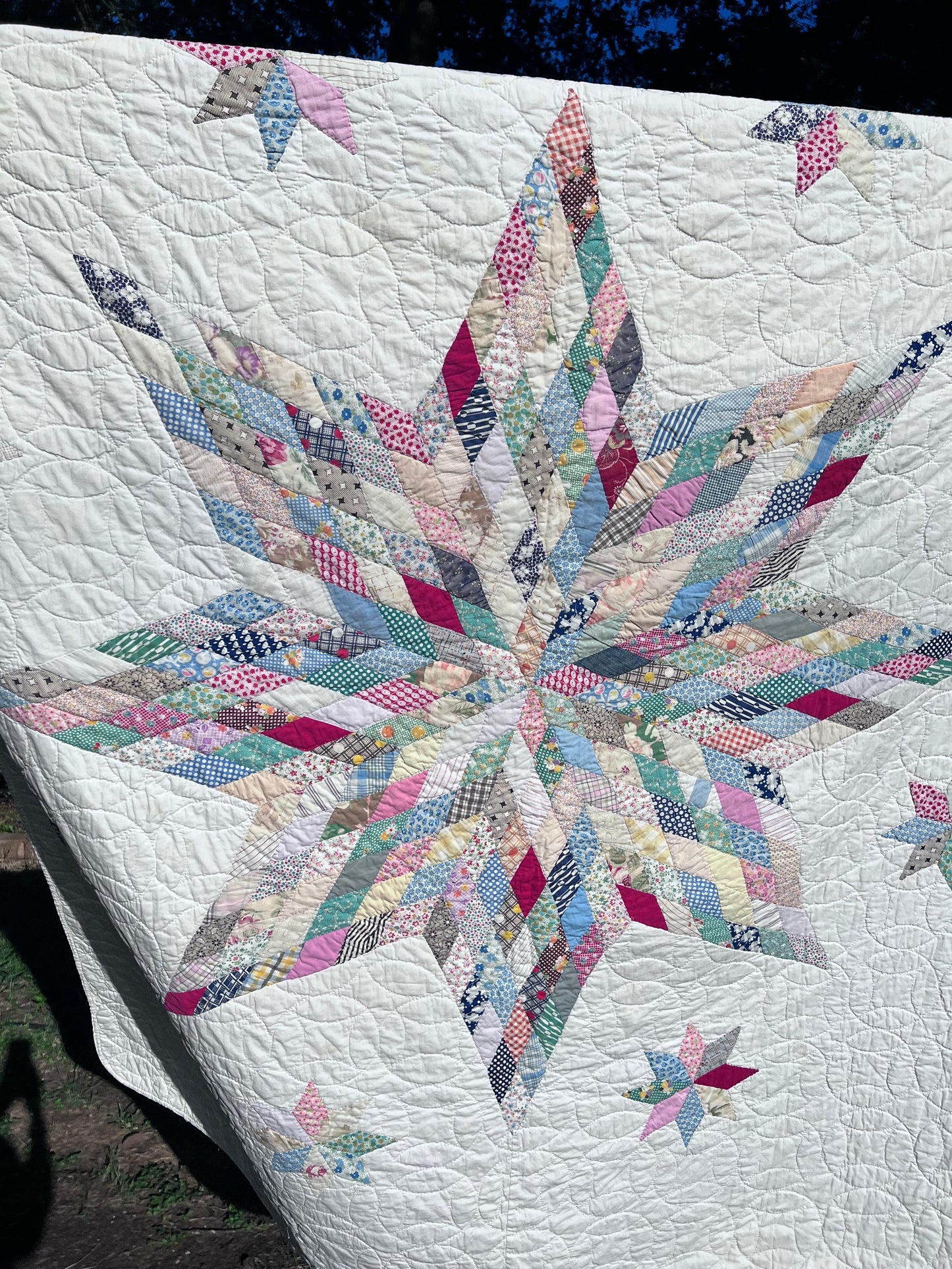 Pristine Excellent Feedsack Scrappy Lone Star Vintage Quilt