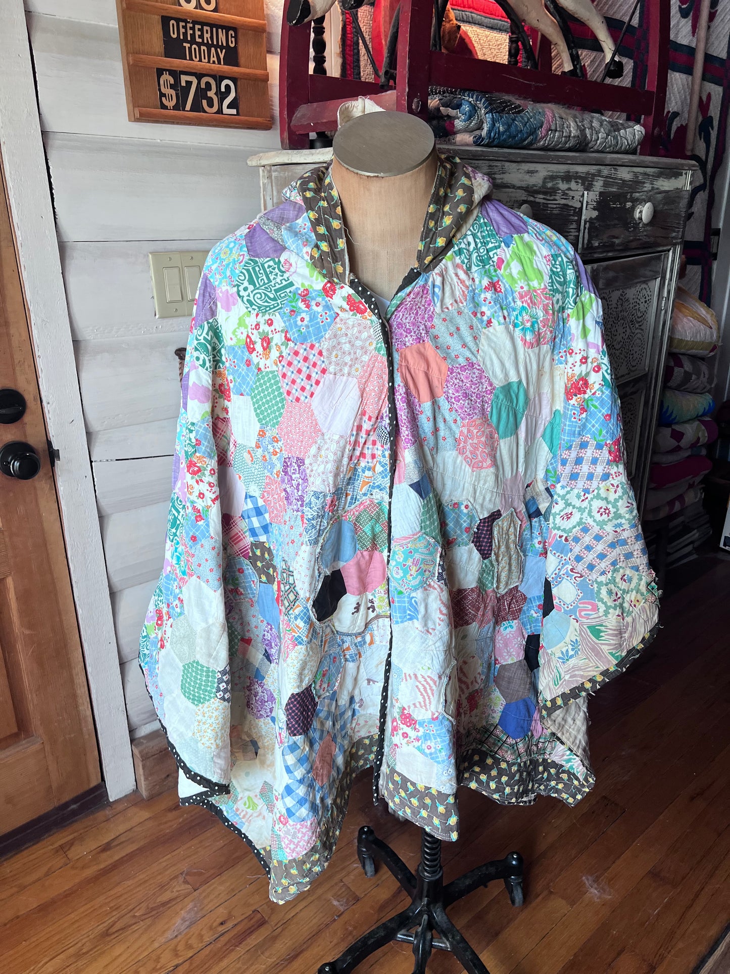 Beautiful Hexi Hand Stitched Quilt Made into A Poncho or Cape