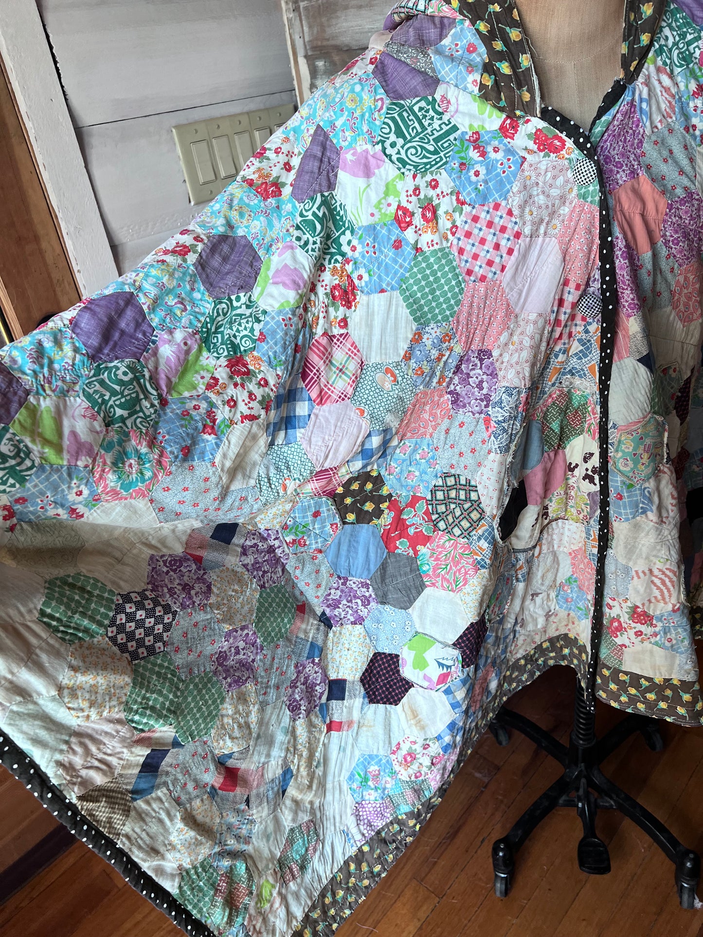 Beautiful Hexi Hand Stitched Quilt Made into A Poncho or Cape