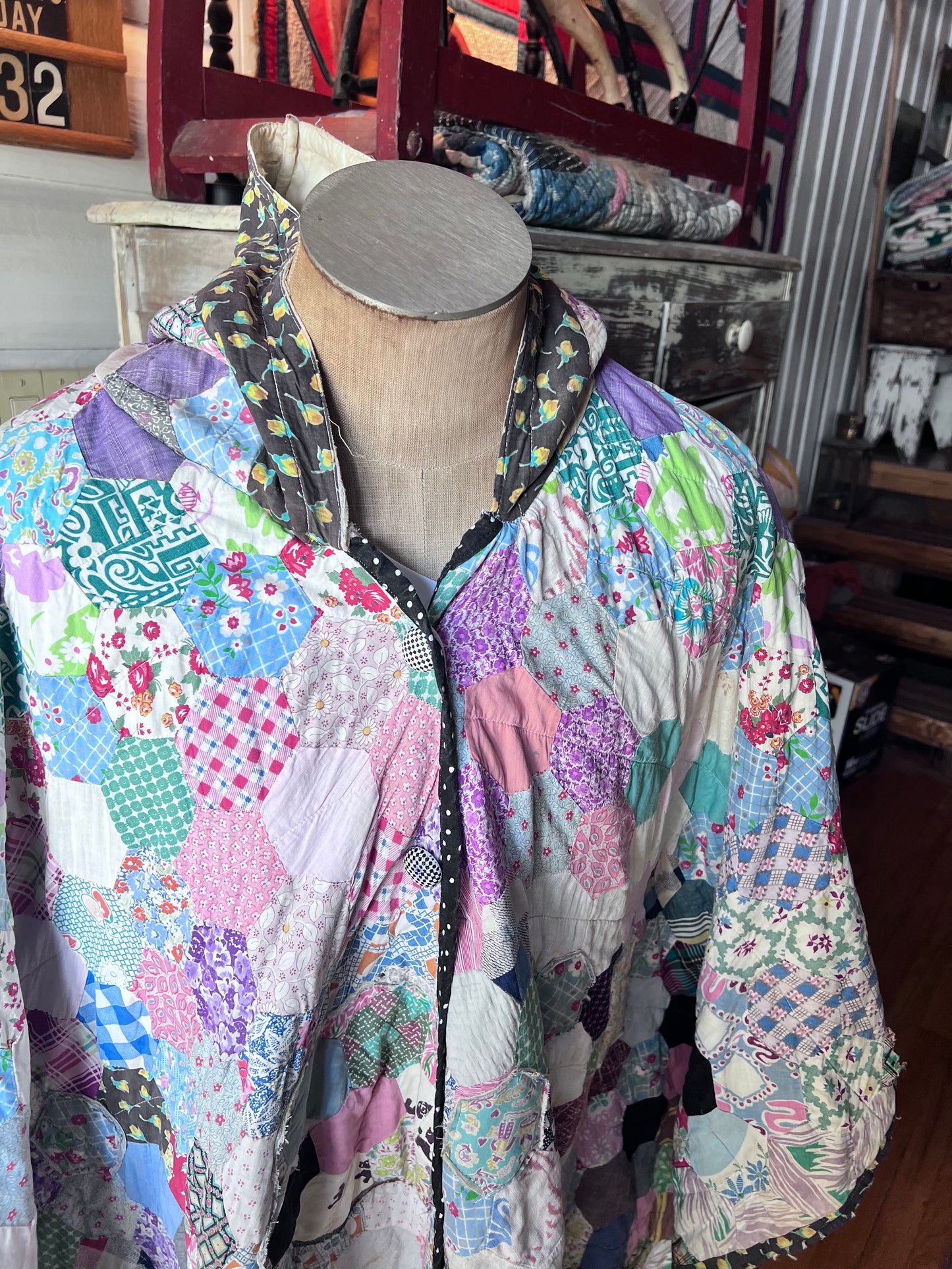 Beautiful Hexi Hand Stitched Quilt Made into A Poncho or Cape