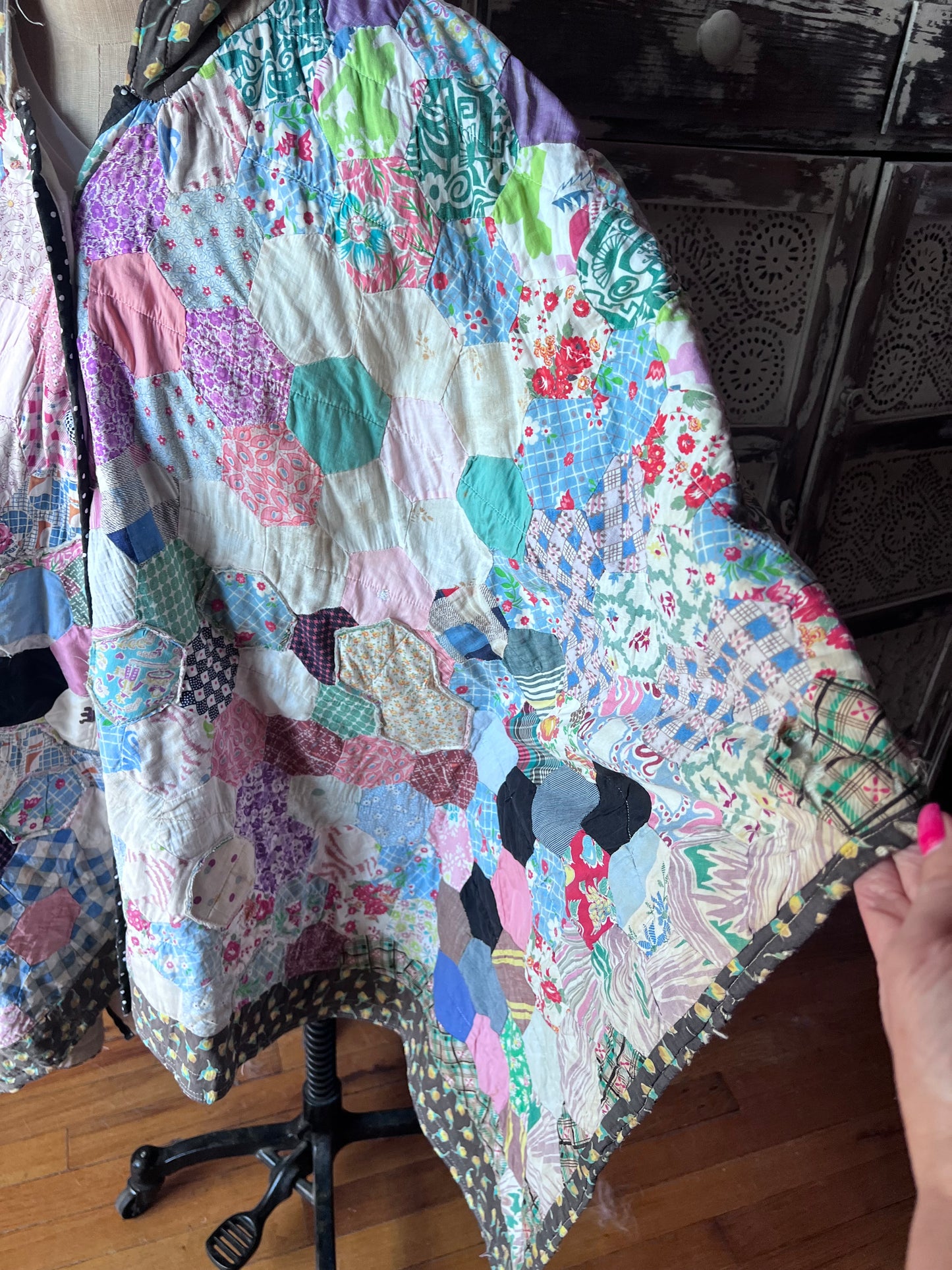 Beautiful Hexi Hand Stitched Quilt Made into A Poncho or Cape