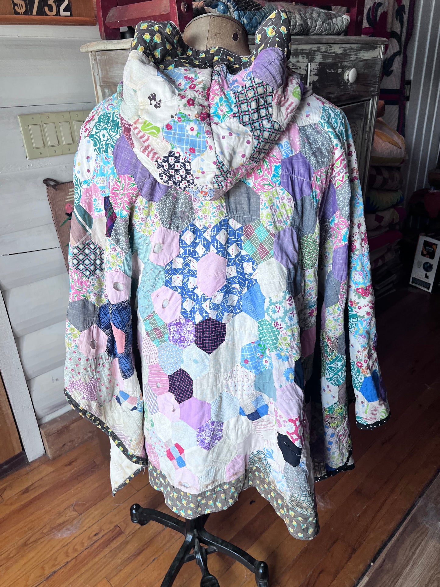 Beautiful Hexi Hand Stitched Quilt Made into A Poncho or Cape