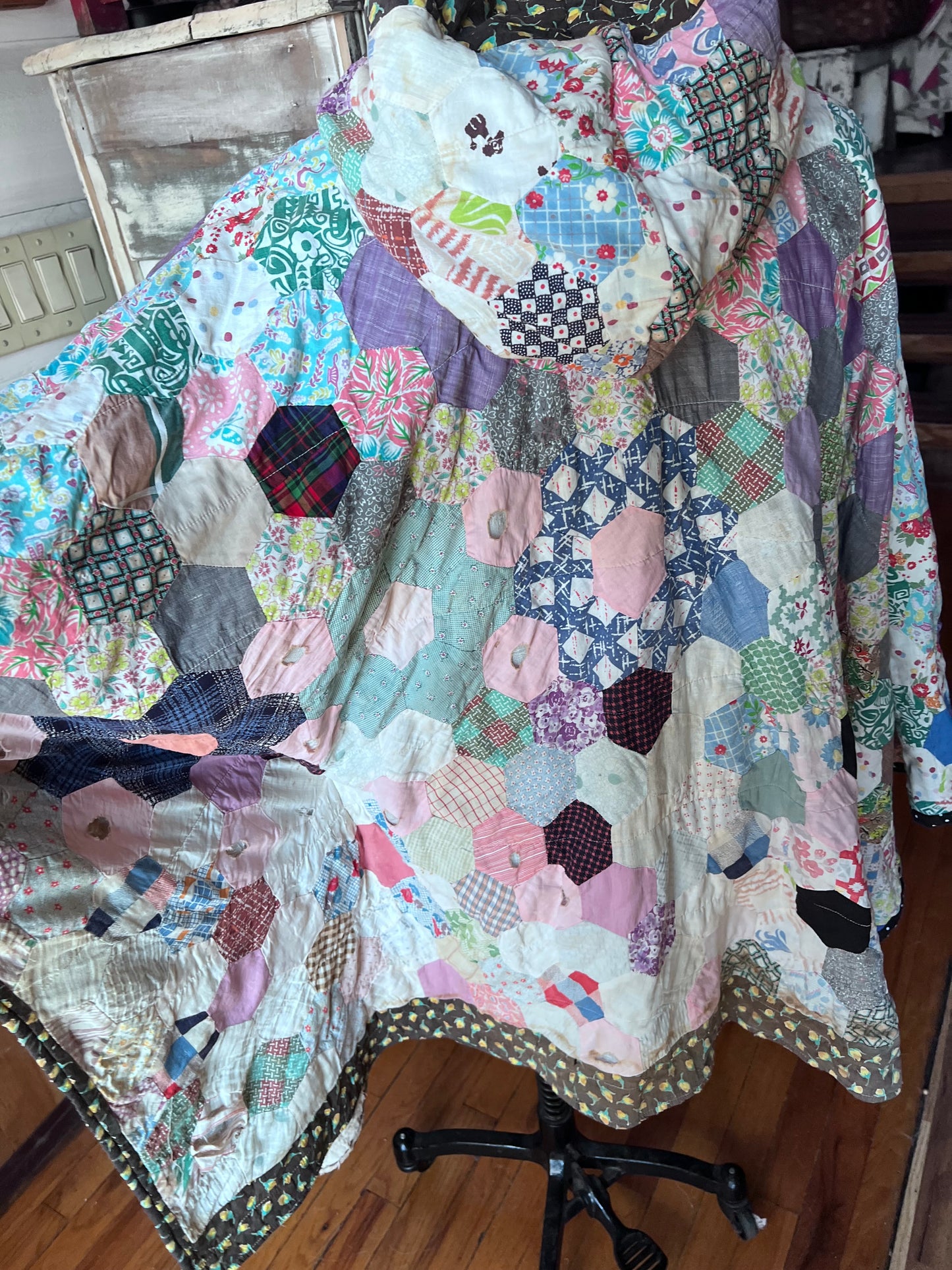 Beautiful Hexi Hand Stitched Quilt Made into A Poncho or Cape