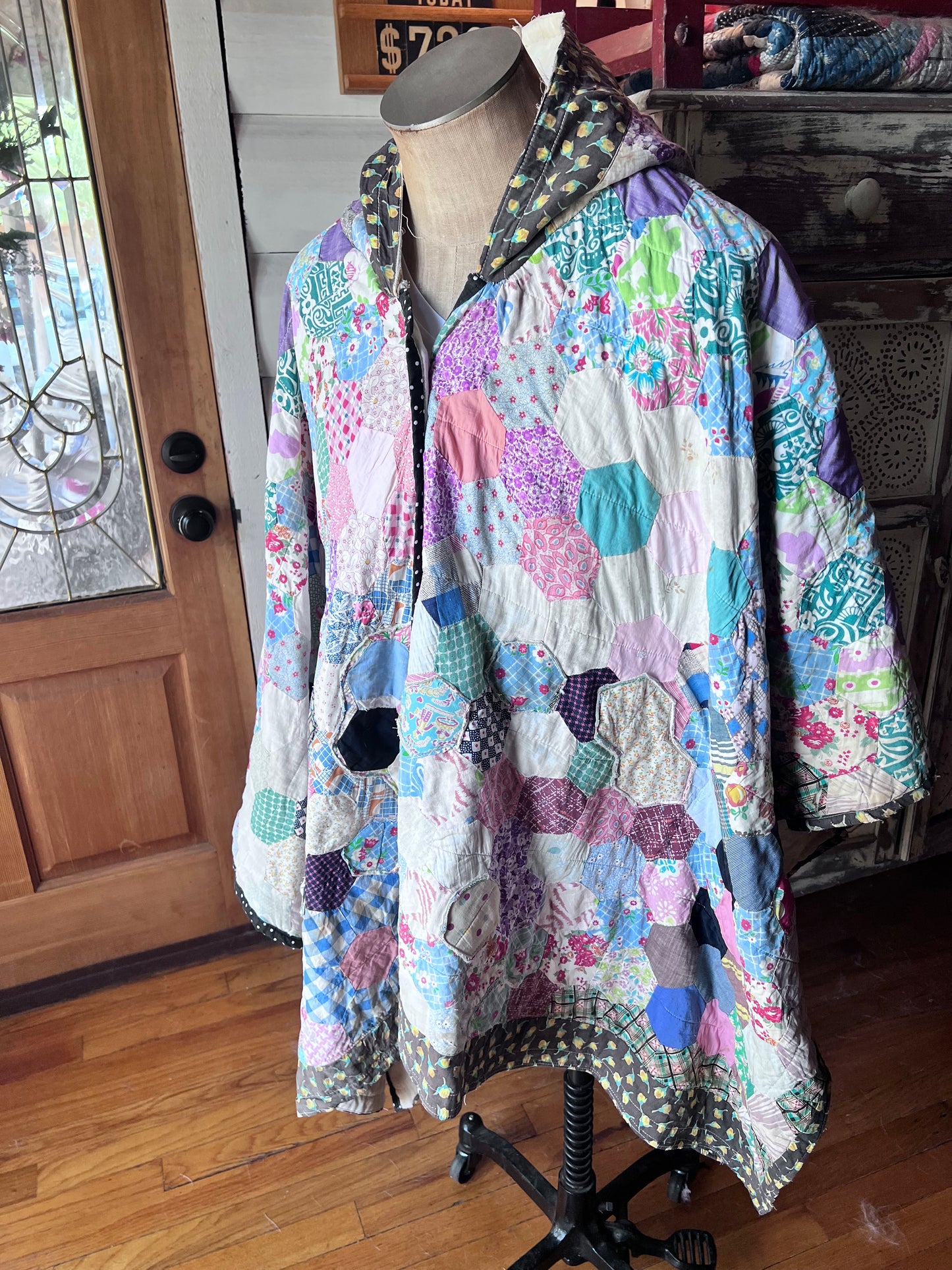 Beautiful Hexi Hand Stitched Quilt Made into A Poncho or Cape