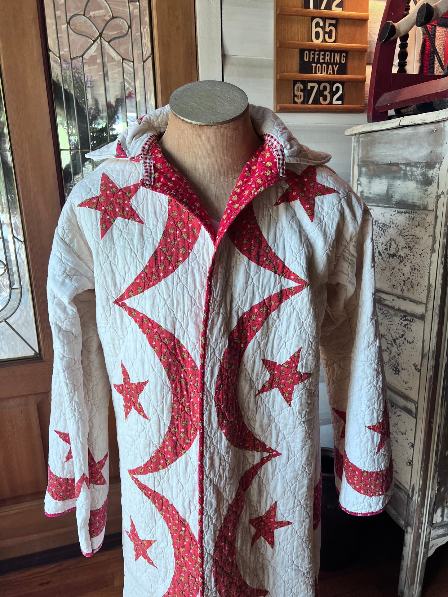 Wrap yourself in American heritage with this stunning Duster, crafted from a cherished vintage eagle Americana quilt