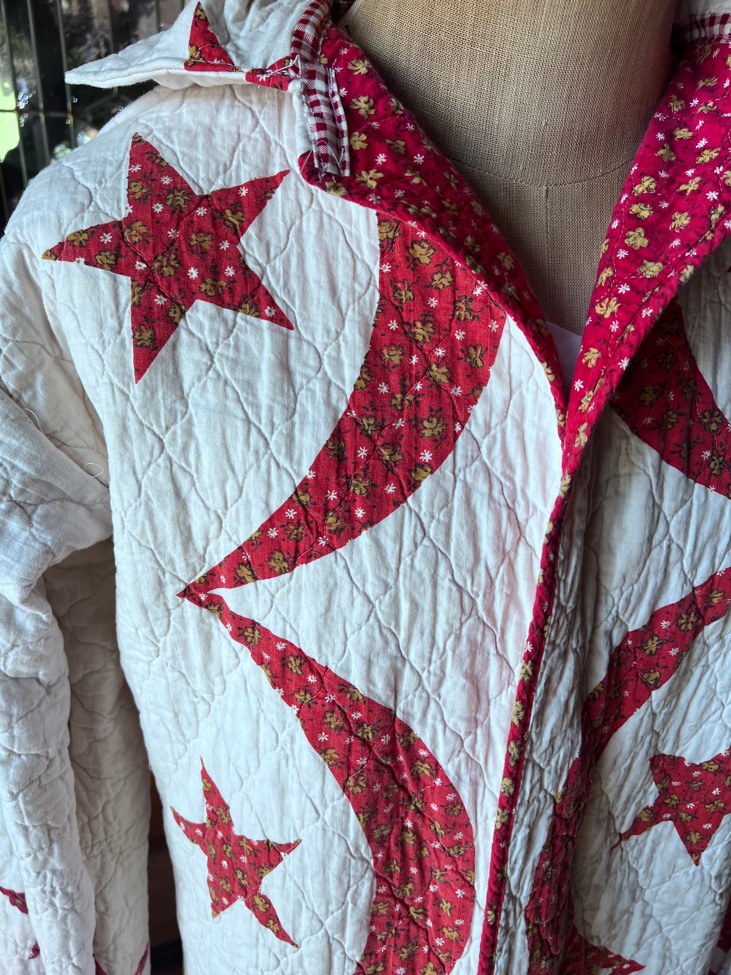 Wrap yourself in American heritage with this stunning Duster, crafted from a cherished vintage eagle Americana quilt
