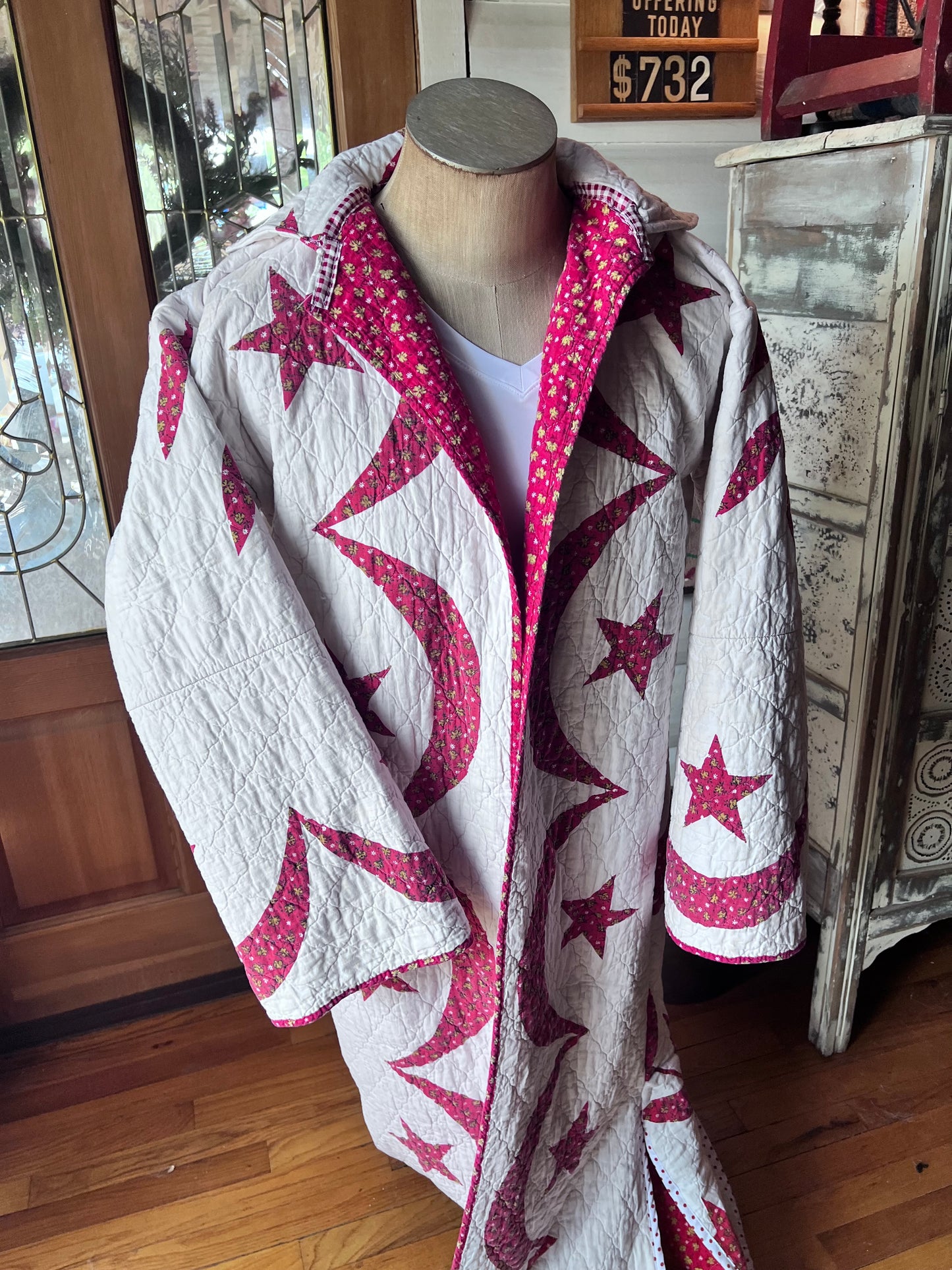 Wrap yourself in American heritage with this stunning Duster, crafted from a cherished vintage eagle Americana quilt