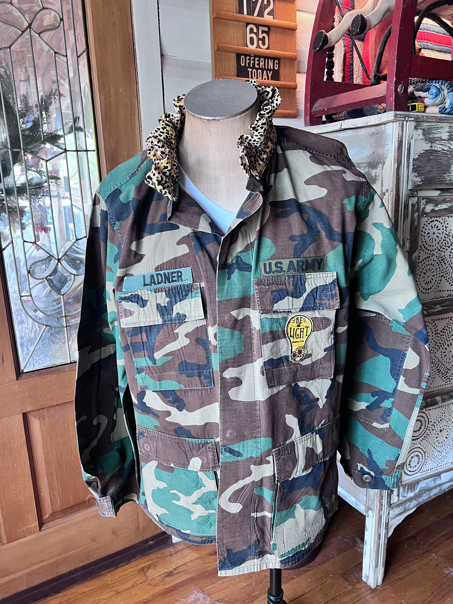 One of a kind Camo Jacket with a Leopard Ruffled Collar and Patches displaying your Faith