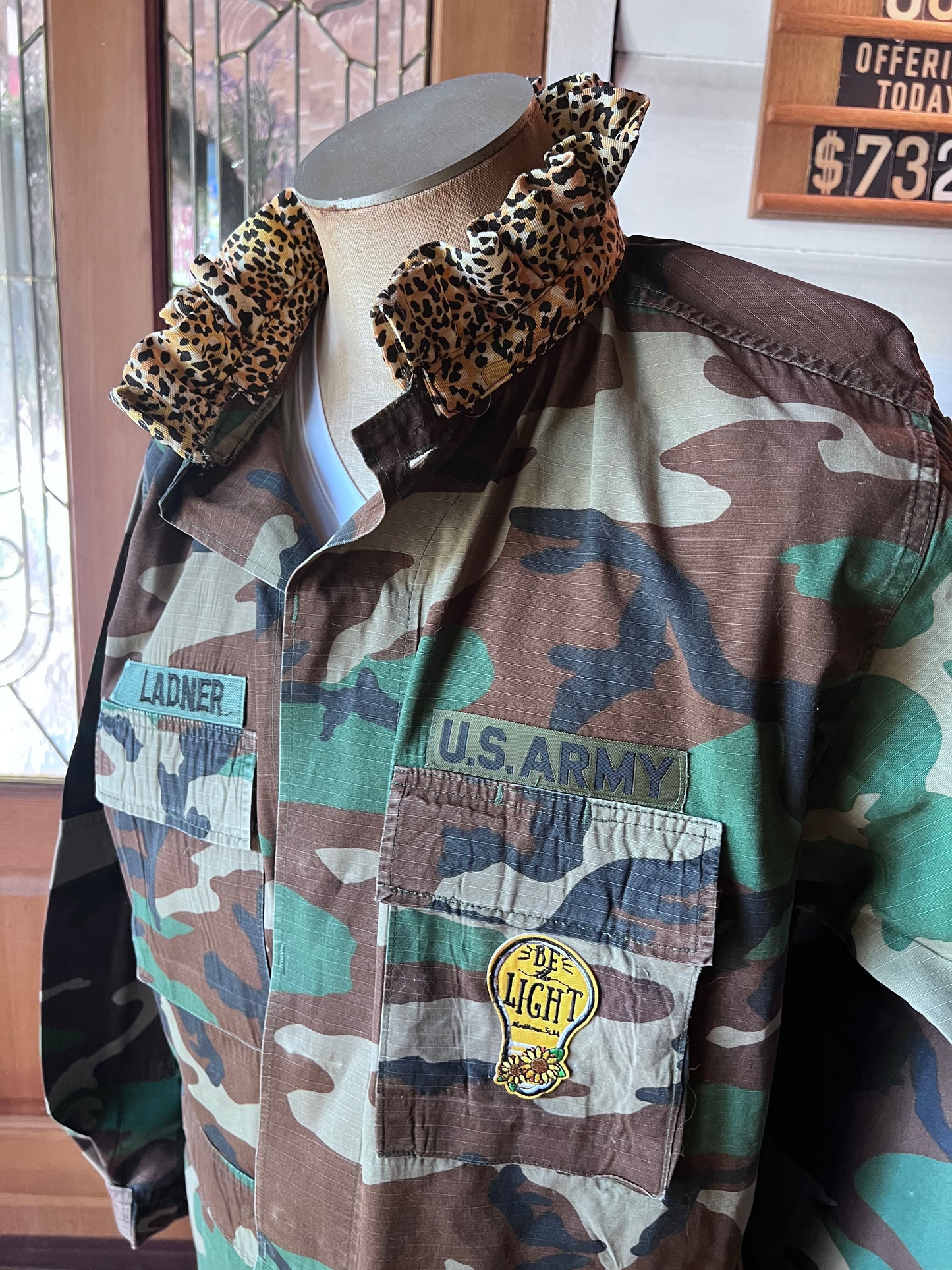 One of a kind Camo Jacket with a Leopard Ruffled Collar and Patches displaying your Faith
