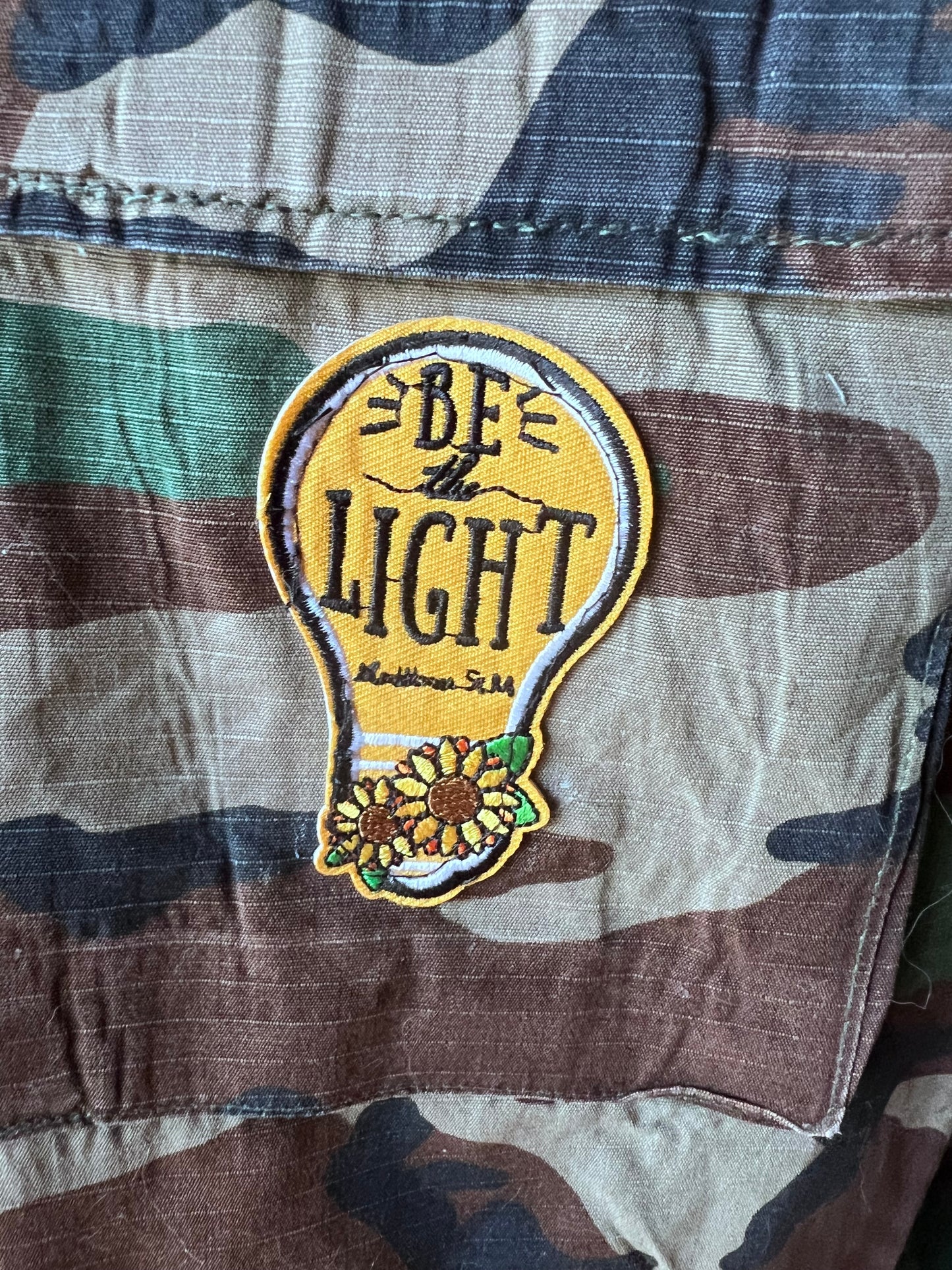 One of a kind Camo Jacket with a Leopard Ruffled Collar and Patches displaying your Faith