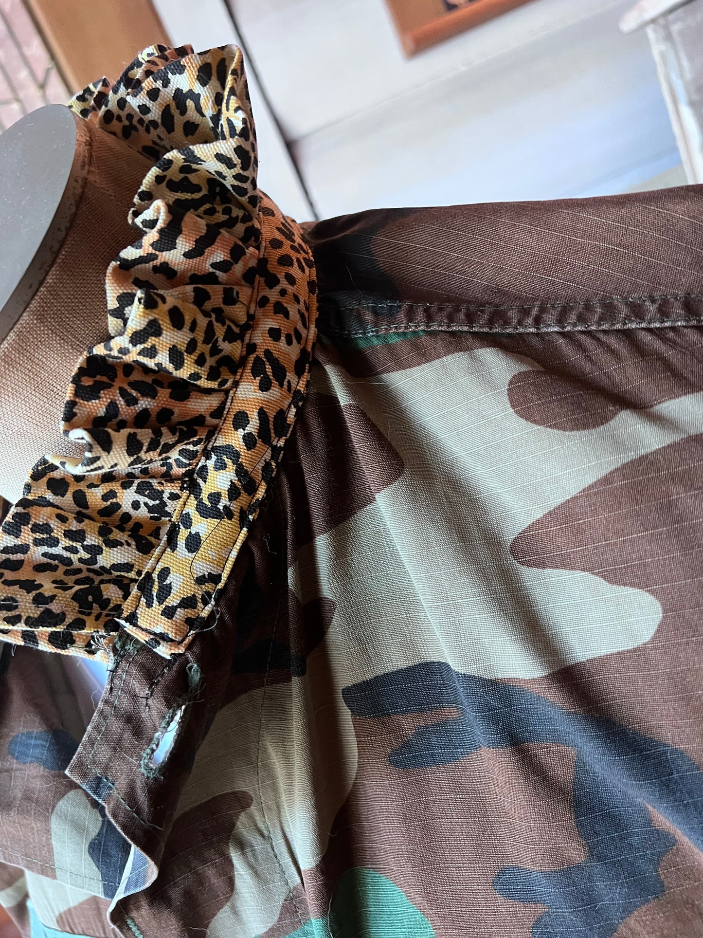 One of a kind Camo Jacket with a Leopard Ruffled Collar and Patches displaying your Faith