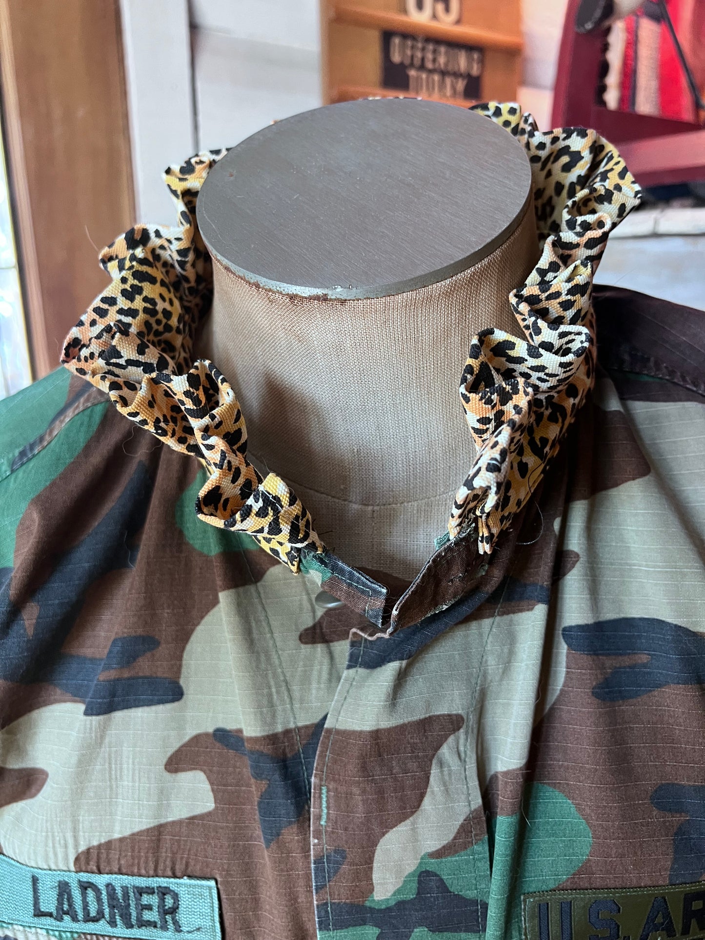One of a kind Camo Jacket with a Leopard Ruffled Collar and Patches displaying your Faith