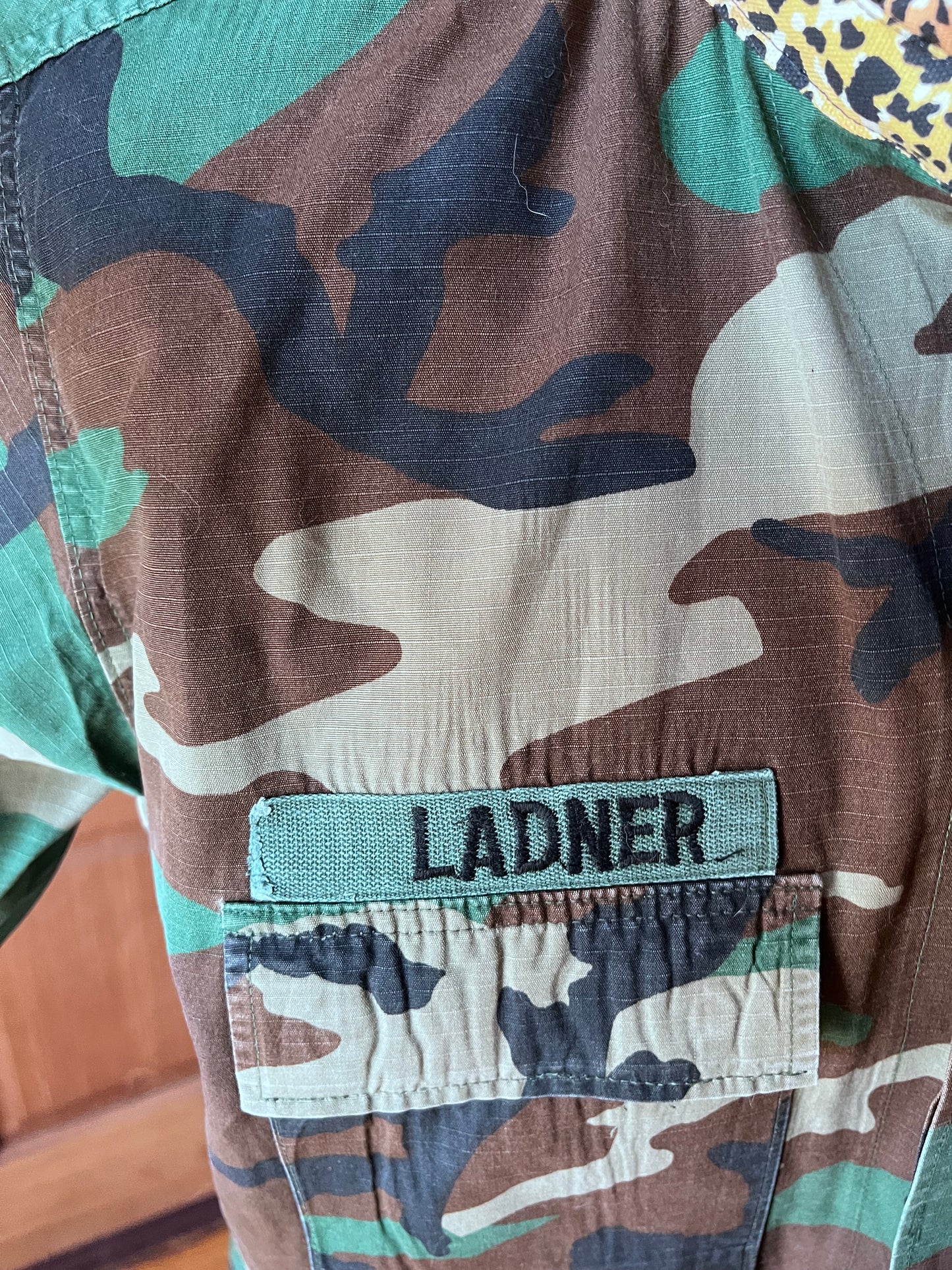 One of a kind Camo Jacket with a Leopard Ruffled Collar and Patches displaying your Faith