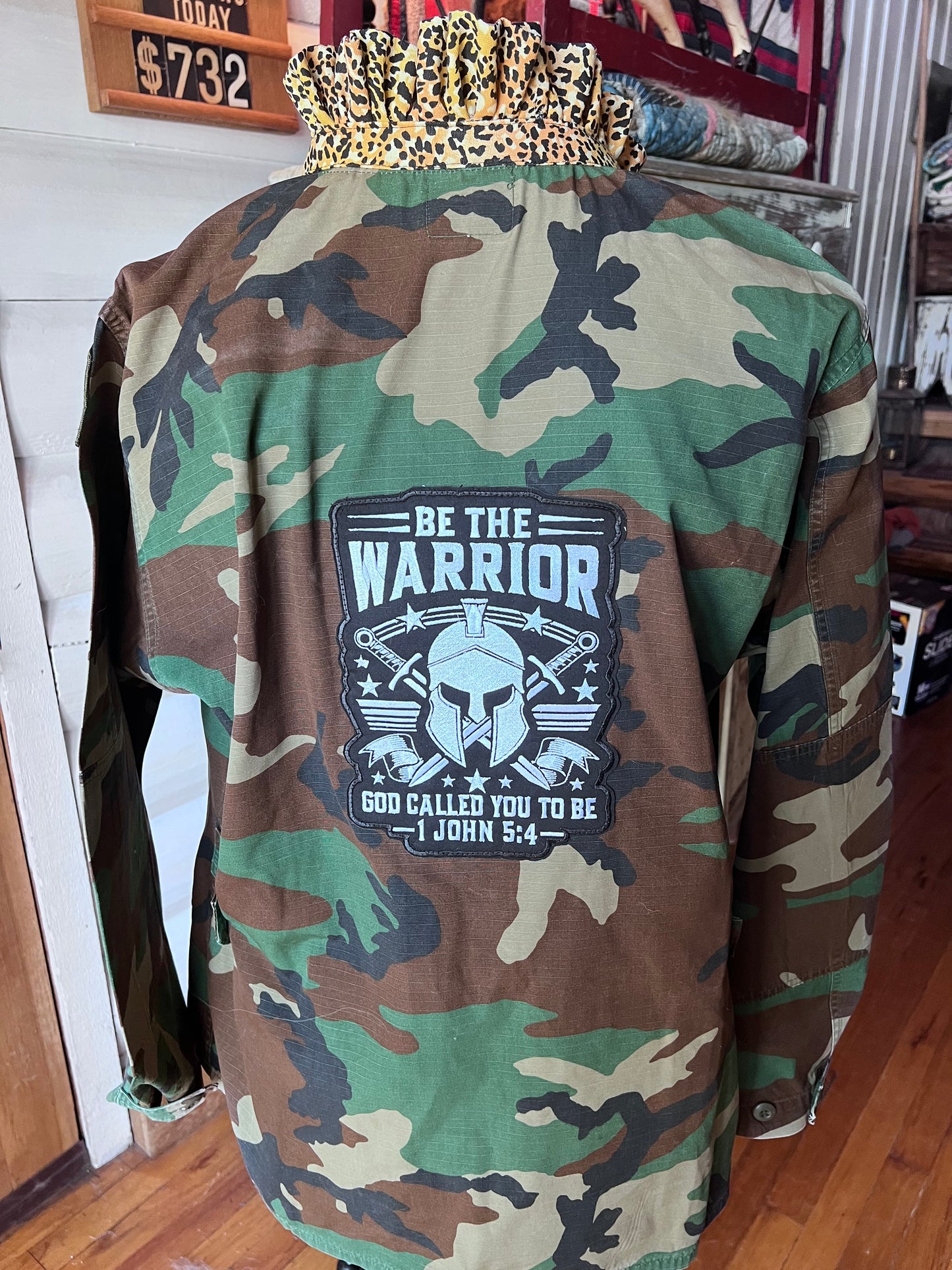 One of a kind Camo Jacket with a Leopard Ruffled Collar and Patches displaying your Faith