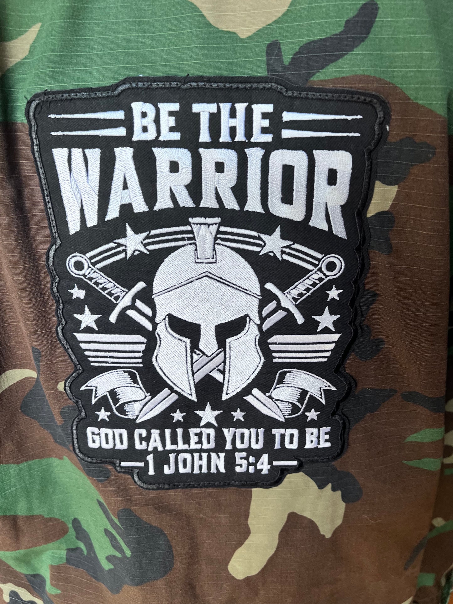 One of a kind Camo Jacket with a Leopard Ruffled Collar and Patches displaying your Faith