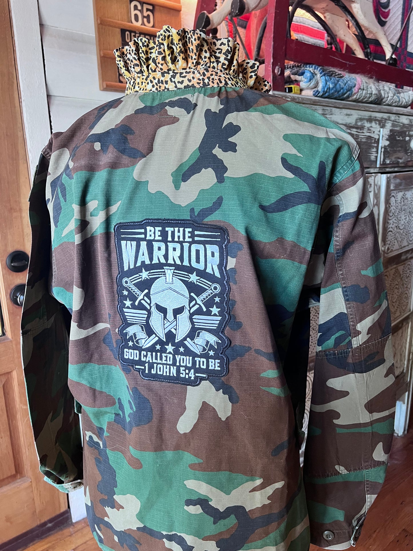 One of a kind Camo Jacket with a Leopard Ruffled Collar and Patches displaying your Faith