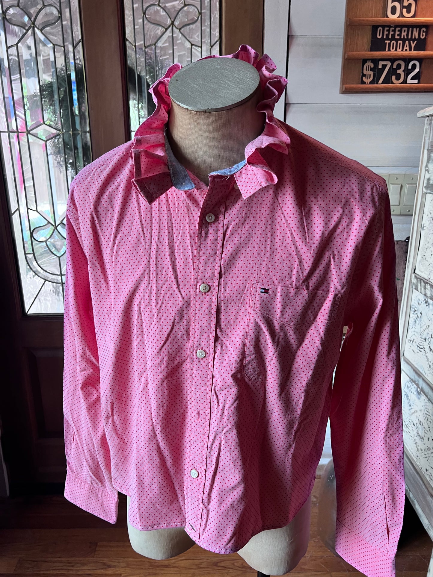 Upcycled Men's Shirt Made for Feminine Style and One of a Kind Sophistication - Pink polka dots