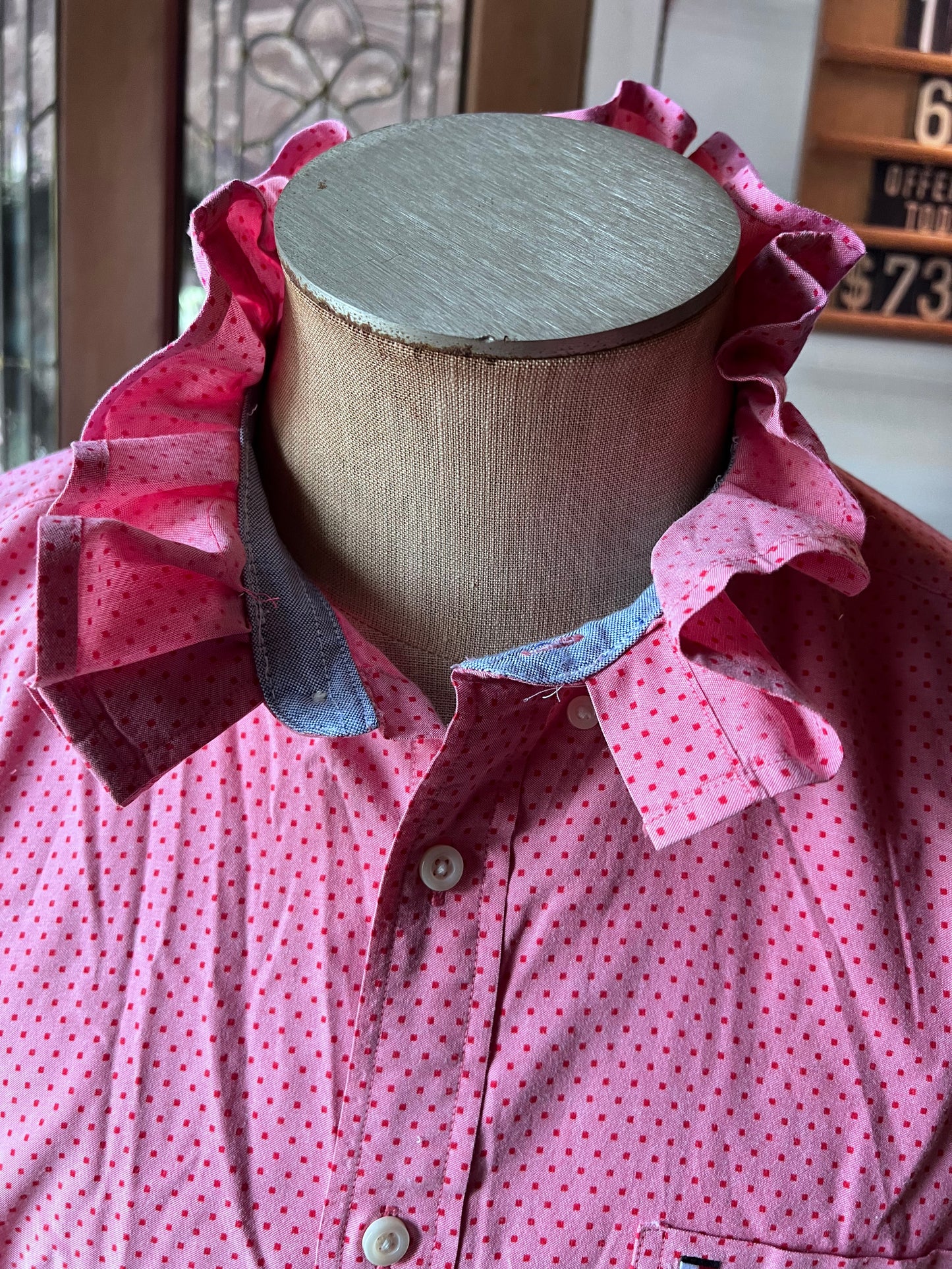 Upcycled Men's Shirt Made for Feminine Style and One of a Kind Sophistication - Pink polka dots
